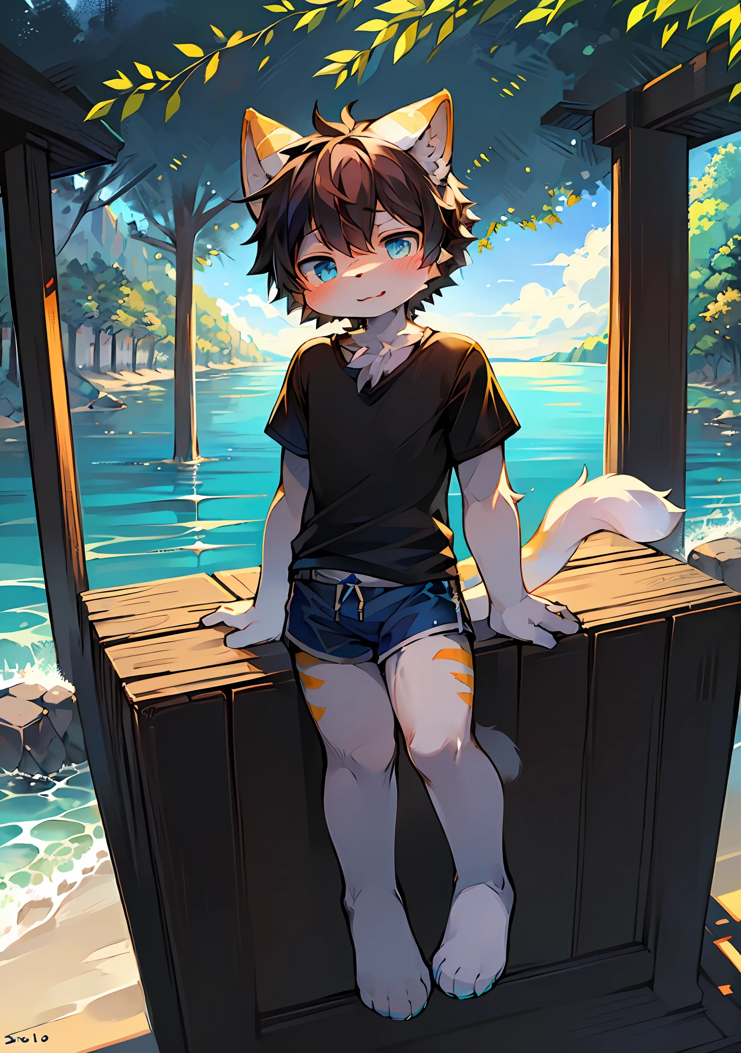Bright environment: 0.8), masterpiece, high quality, abstract res, digital painting\(artwork), by dagasi, yupa, kiyosan, (anthro, fluffy fur, character focus: 1.1), anthro male cat, short hair, portrait, Bright eyes, panorama, character focus. (Background: 0.7), Solo, Furry, Furry Male, Male Focus, Anthr, (Full Body Fur, White Tail, White Yellow Black Fur, Blue Eyes, Black Hair, : 1.2), (Small Feline, Blue Shorts, Black T-Shirt: 1.2), (Exterior, Beach: 1.1)