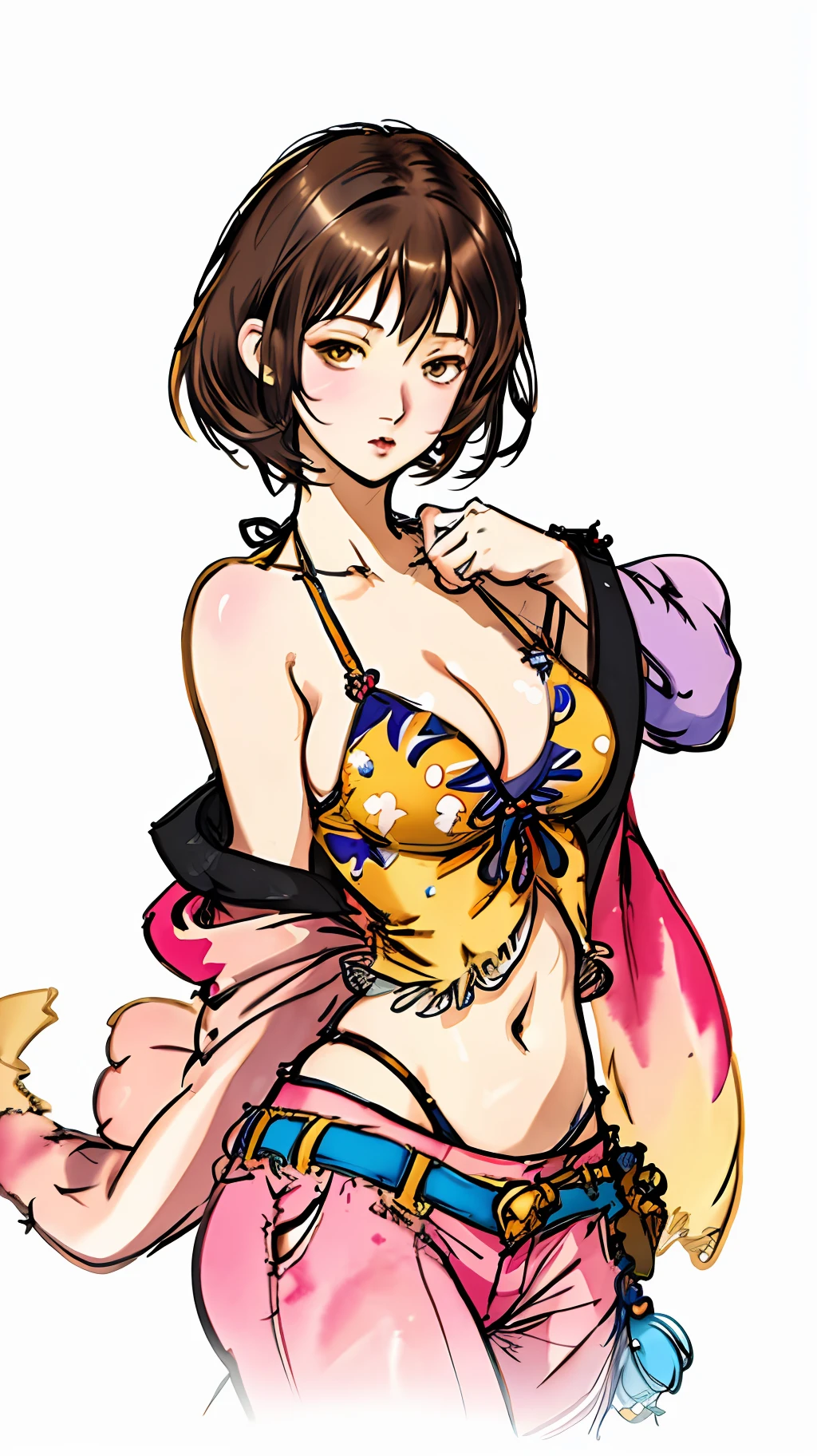 Yoshitaka Amano, Yoshitaka Amano style, illustration, watercolor, a cartoon picture of a woman in a bikini, fine details, seductive anime girl, thicc, f cup breast, cleavage, midriff, short hair, brown hair, golden eyes, simple background, white background, abstract