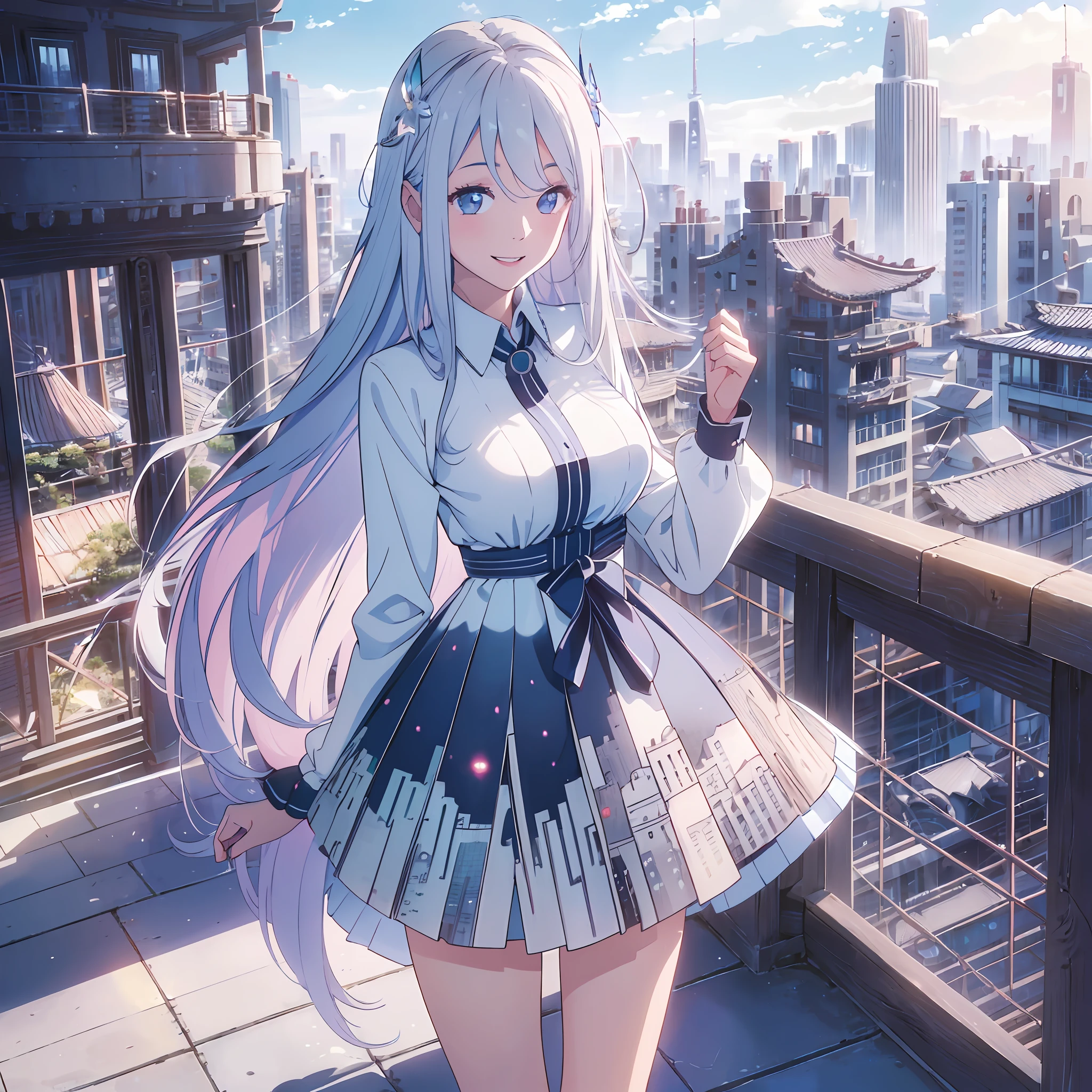 official art, masterpiece, sharp focus, (beautiful gorgeous cute Korean woman:1.3), (beautiful cute korean:1.3), korean beauty, Delicate and beautiful hair and eyes and face, realistic, ultra detailed, beautiful girl, blue sky, glow white particle, (sidelighting:1.2), sun light, white cloud, detailed clouds, slender, Lovely very large breasts and very large hips, smile with teeth, ((smile with eyes, open both eyes)), scenery, long straight hair, sexy facial expression, building, (cityscape:1.7), dynamic hair, long straight hair, detailed platinum pink hair, glow blue eyes, (blue pleated shirts + white skirt), white long socks, pale skin, hair ornament, epic scenery, --auto --s2