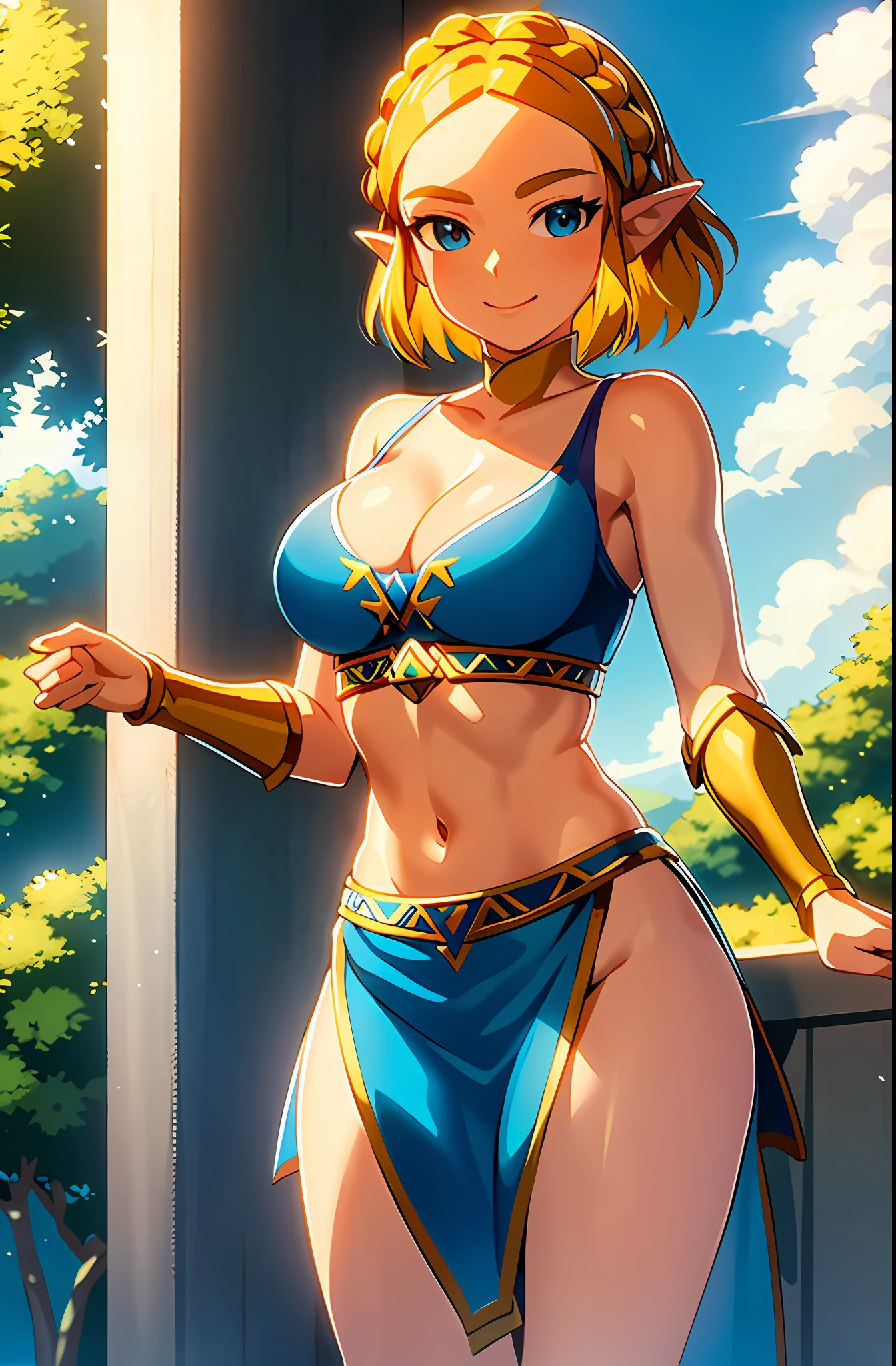 masterpiece,best quality,zelda\(princess\), 1girl, solo, large breasts,short_hair, cleavage, bare arms, bare stomach, sleeveless, smile, sheer night gown