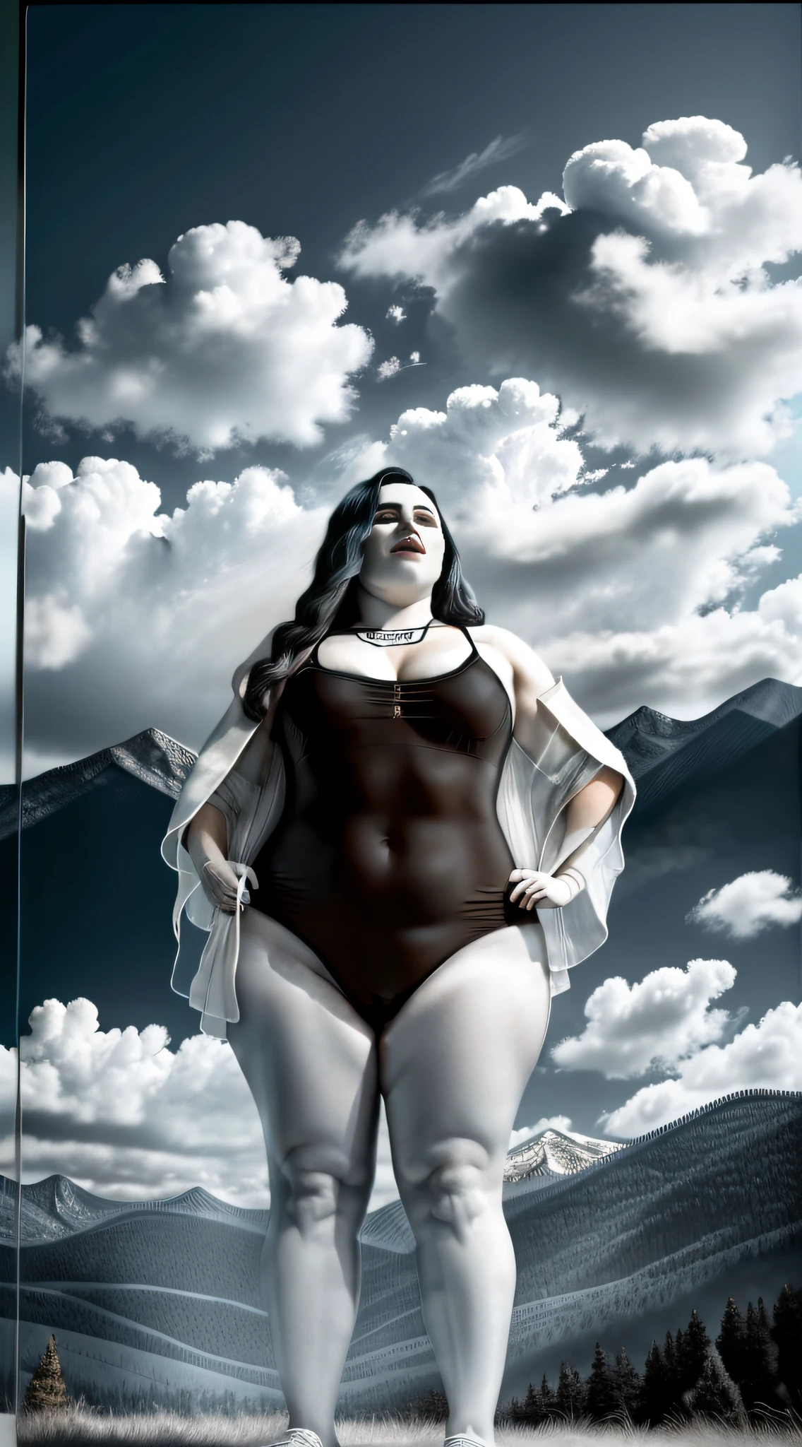 clouds, cityscape, mountains, (masterpiece), best quality, an extremely delicate and beautiful, high contrast, beautiful and scary nostalgic photo effect, sad story, [ { Transgender/Transvestite + Beauty Blogger: 1.2} , {transparent + High split swimsuit+Overweight: 1.2} ], crouch, The emotional expression of true feelings is rich in details, catches people's eyes, and has a strong visual impact.