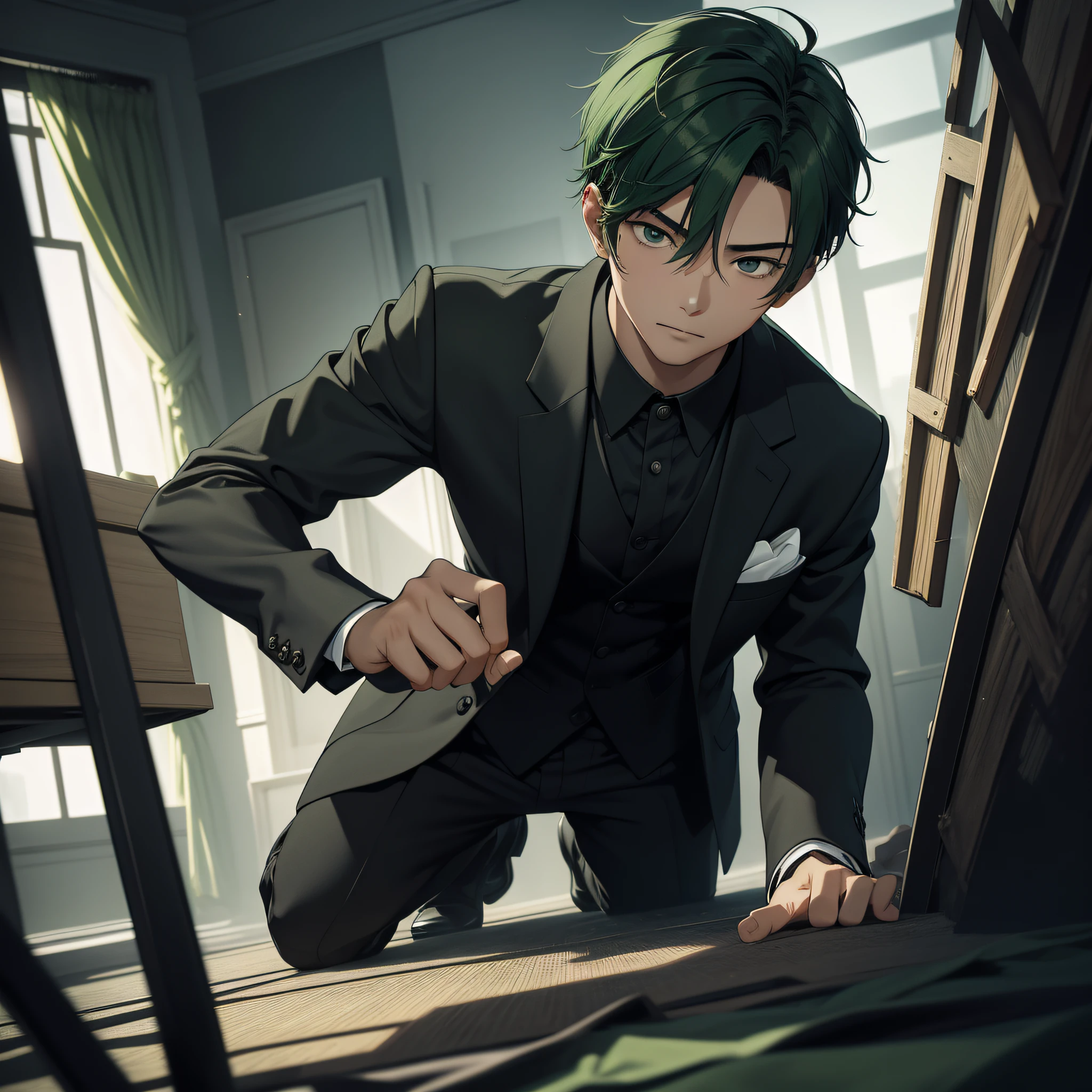 Absurd resolution, high resolution, (masterpiece: 1.4), hyperdetail, Asian, young man with short green hair, black suit, eerie room, nervous expression and trembling (1.3), lying on the ground (1.4)