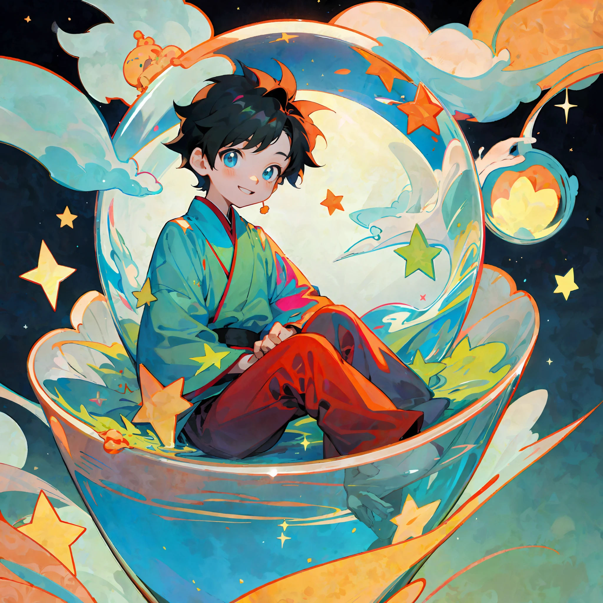 Asian face, a sitting inside a glass, black hair, happy, fantastical, sunny, shaded, colorful, stars