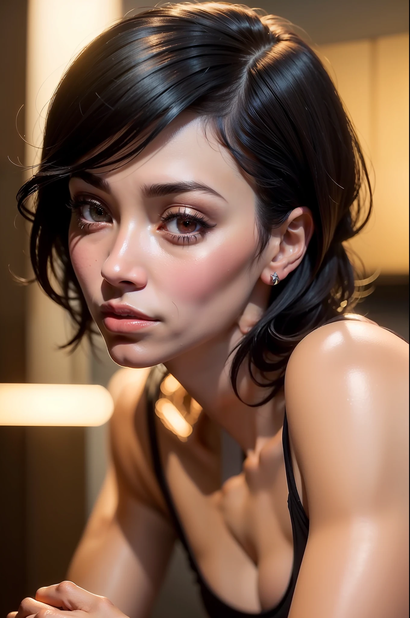 (((Tamara Taylor))), (a very tall slender woman standing at the reception of a hotel), ((tall slender figure)), ((hairstyle bob)), ((short straight black hair)), (narrow pelvis), (small round breasts), big brown eyes, ((small head)), (sunset), evening mood, she smiles, (((She wears a short red cotton sheath dress))), (photorealistic:1.2), (best quality), (intricate details), 8K, (high poly), (ray tracing), (cinema lighting), (sharp focus), (detailed face:1.3), natural and realistic skin textures, soft face