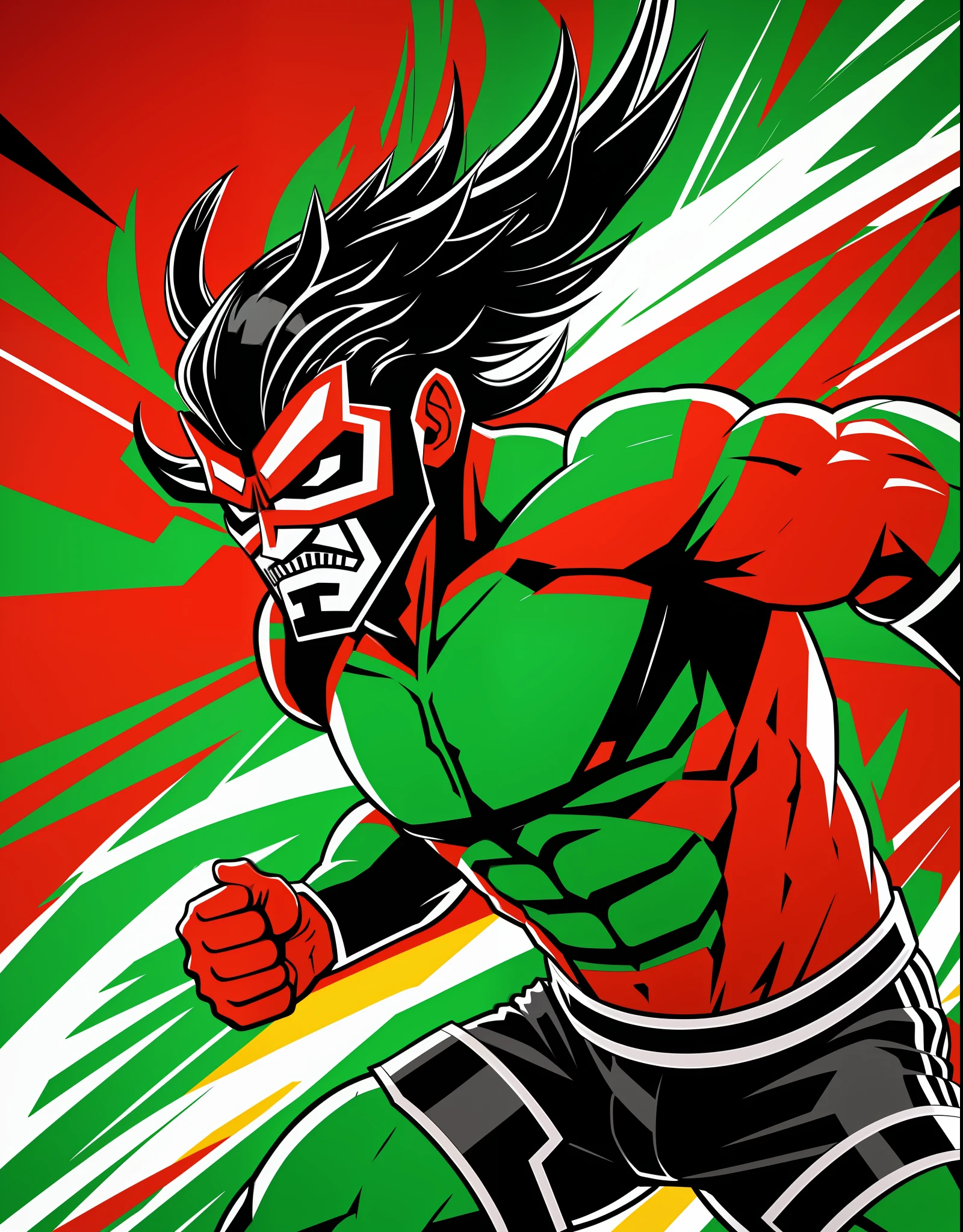 [male, full body, mexican mask man, professional wrestler, intense action, dynamism], heraldic silhouette, logo masking style illustration, green background, art, realistic, majestic, red tone, rich vivid color, high contrast, seamless water brand, art station, deviant art, dribbling, red bubble, tea public, Sharp focus, simple, hyper detail, detailed drawing, vectorization, outline, isometric style, 8k.