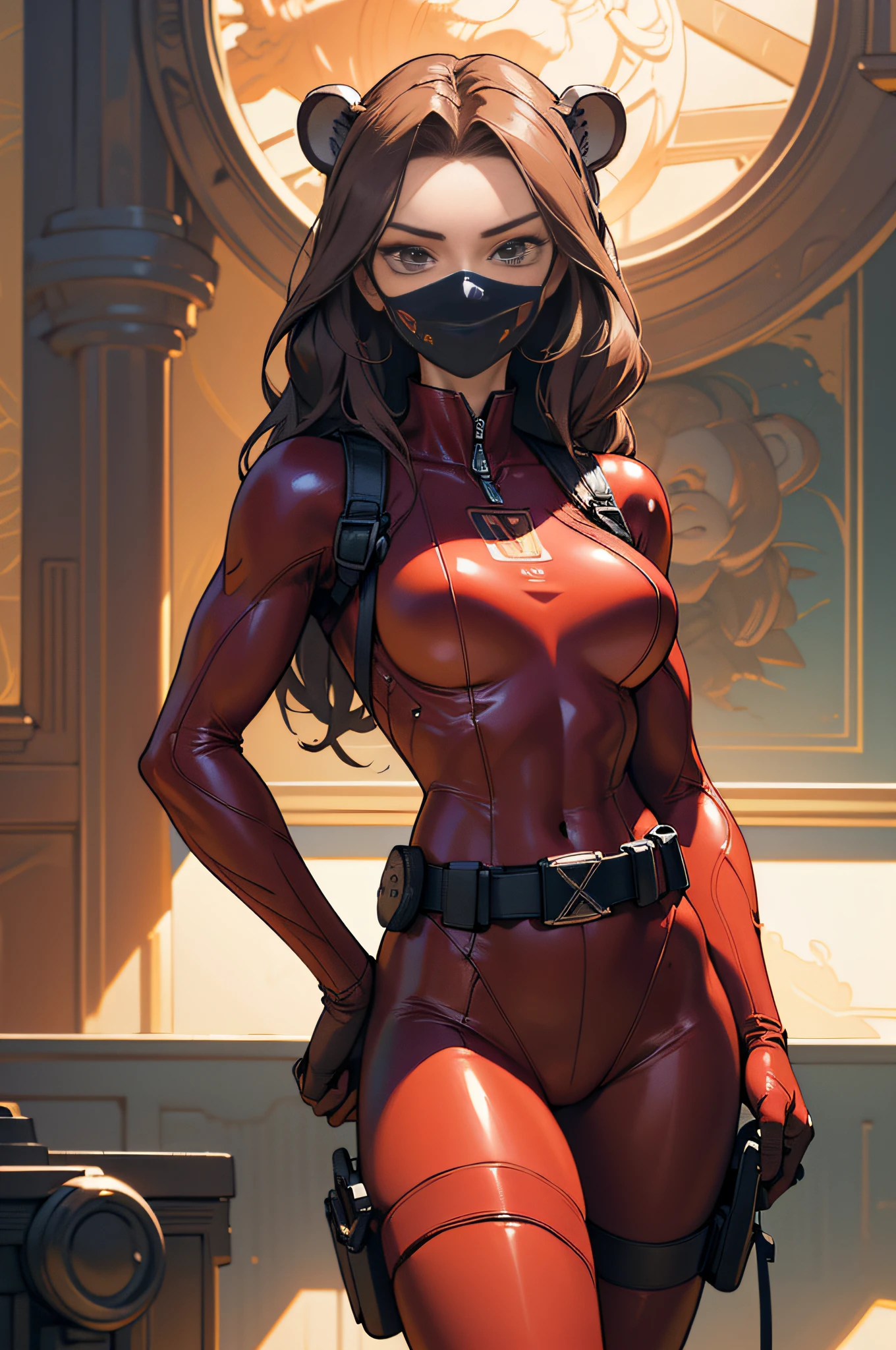 [Detailed illustrations, art based on extremely ideal anatomy, very detailed and detailed drawings, slow and delicate lines, realistic texture expression],((Color tressed main lines)),(Artwork with outstanding virtuosity),(Briefing room background),(HENTAI Anime) ((1Girl Beauty 19 years old)) Red Power Rangers (muscular (tall)), Wine Red Rubber Suit ((Lion: 0.5) Headgear ((Eyeshade)) (Hard Mask)) ((Holster belt)) ((emblem on chest and forehead)),Gravure,(Fine and beautiful skin expression (transparency)))),((Perfectly proportioned proportions)),(Design built at a high level,(((Advanced structural understanding of materials))), Ideal color coordination),((artistic decoration))((Dense detail)),((Detail,High definition)),[(Ultra-precision detail),((Multi-layered texture)),HighQuality,High Resolution],((Accurate simulation of light-material interaction, understanding of air flow, mechanically correct expression)),((((Visual art with a sense of narrative)).