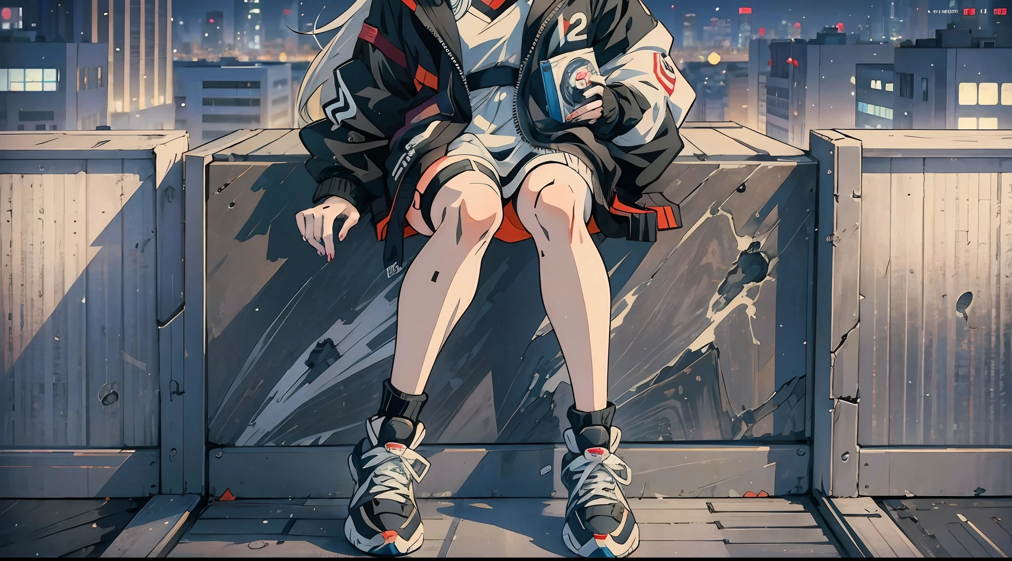 Anime girl with white hair and black jacket and white shoes, full body!,Anime full body illustration, she is wearing streetwear, short full body portrait!,2D anime style,style anime,modern anime style,very modern anime style,anime style,Kantai collection style, sitting on the roof of a building, at night, I can see the roadway, Composition from obliquely above --auto --s2