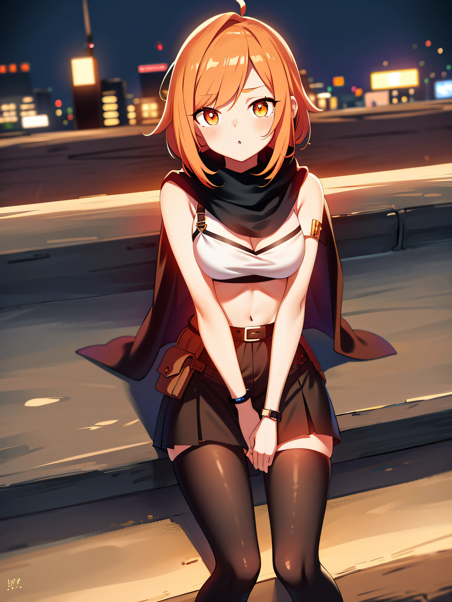 orange eyes light,richly faded light orange hair, anime 1girl, no skirt, brown military boots, pouch on the waist belt, khaki bikini, "black tights", "dark_orange knee pad on right leg",( night city:1.4), black long cloak, (good hand:1.5 ) good legs, (Good face: 1.5), 1girl, best hand, no worst hand. without clothes, in big city