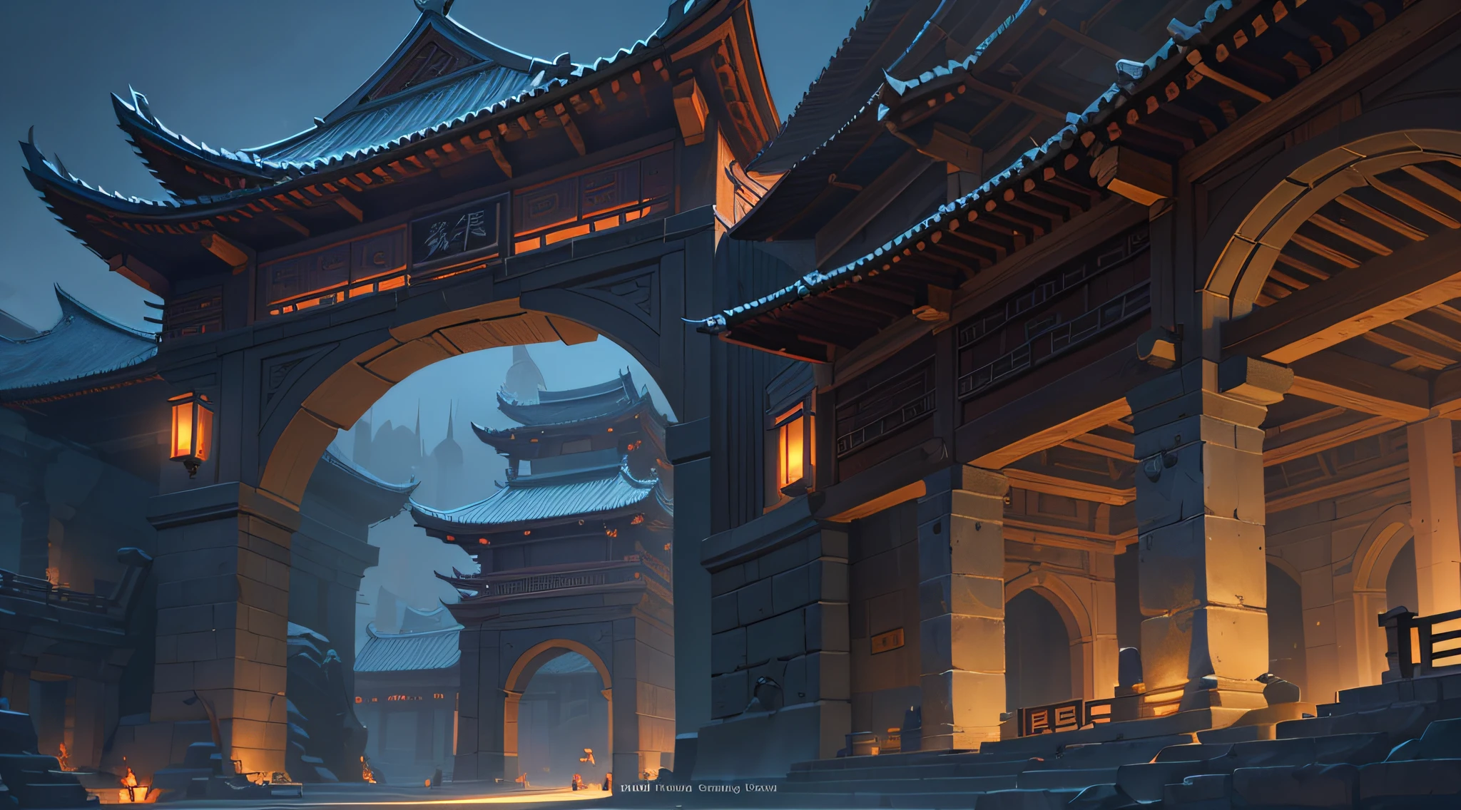Ancient Chinese arch close-up, low building, night, dark tones, big perspective, looking up, super large wide angle, fist game concept art, rossdraws global lighting, ross tran. Landscape background, painting concept art, Ross Tran and Bayard Wu, painting as game concept art, League of Legends concept art, stylized concept art, Blizzard Hearthstone concept art, Overwatch sojourn, architectural details texture clear, perspective correct, ancient Chinese architecture