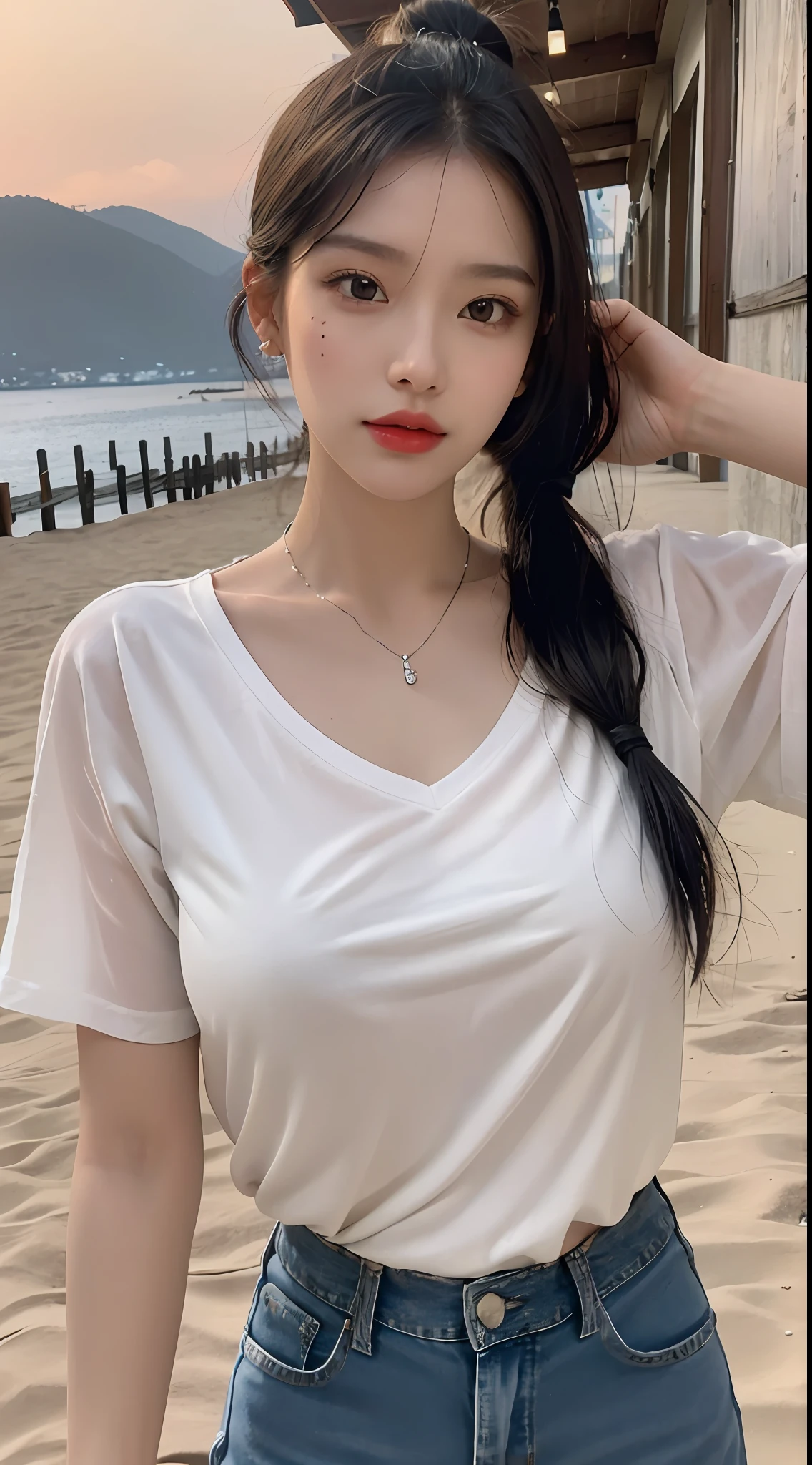 (Masterpiece), best quality, 8K resolution, a beautiful girl, wearing white confidential V short sleeves, jeans, with a necklace, a beauty mole under the corner of the left eye, perfect figure, ((beautiful detailed face)), black hair (ponytail), delicate makeup, red lips, shiny lips, long eyelashes, with silver earrings, bright big eyes, eye shadow, silkworm, movie lighting, cute girl, master works, high detail, colorful picture, light and shadow details, extremely delicate beautiful girl, Supple fair skin, delicate facial features, perfect face, stunning beauty, extreme details, realistic details, scenery at sunset on the beach. Pose for shooting