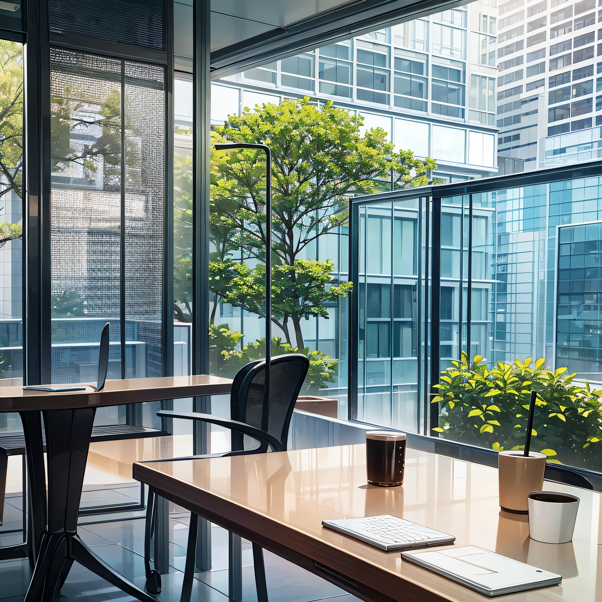 Atmosphere of bringing in a computer for work, café terrace seats, nice seats, computer, sophisticated space, glass, modern, café, coffee, fashion, table, terrace, outside light --auto --s2