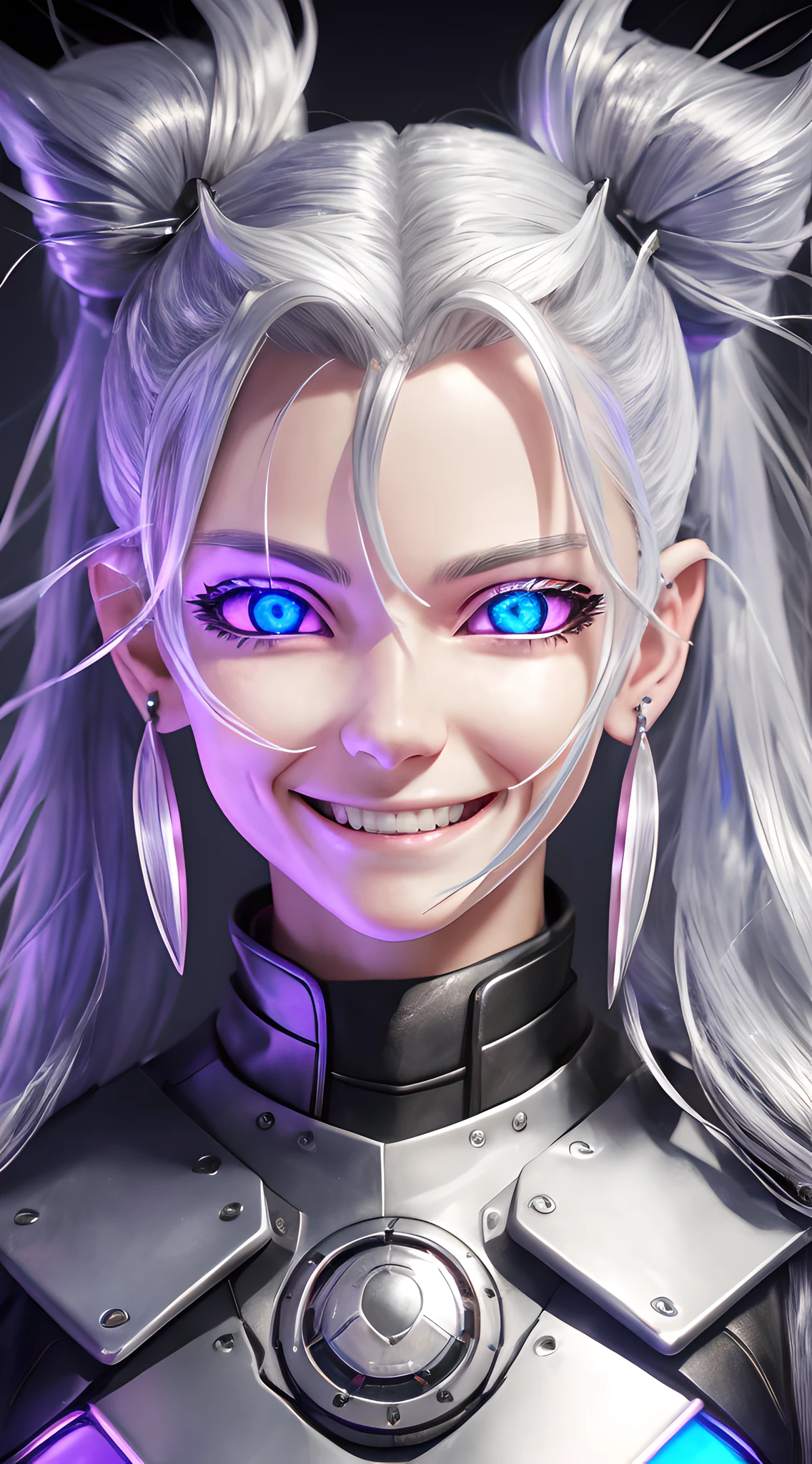 silver hair, streaked hair, twintails, mole under eye, pointy ears, earrings, crazy smile, excited, despair, evil, Futurism, cinematic lighting, chromatic aberration abuse, glowing light, Ultra-Wide Angle, cowboy shot, masterpiece, anatomically correct, textured skin, super detail, 8k --auto --s2