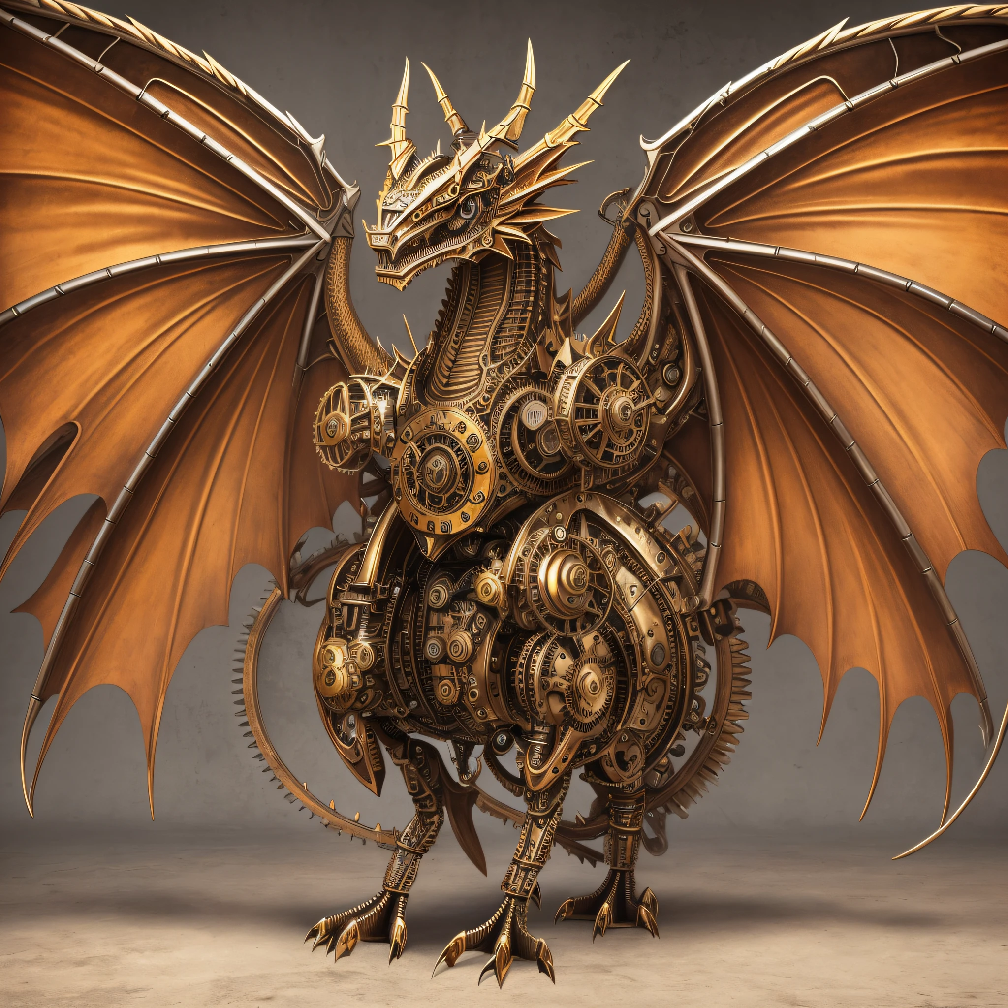 steampunk mechanical dragon with 4 legs and large steampunk wings, white background, bright light, in gear wings, dragon on four legs, dragon portrait --auto --s2