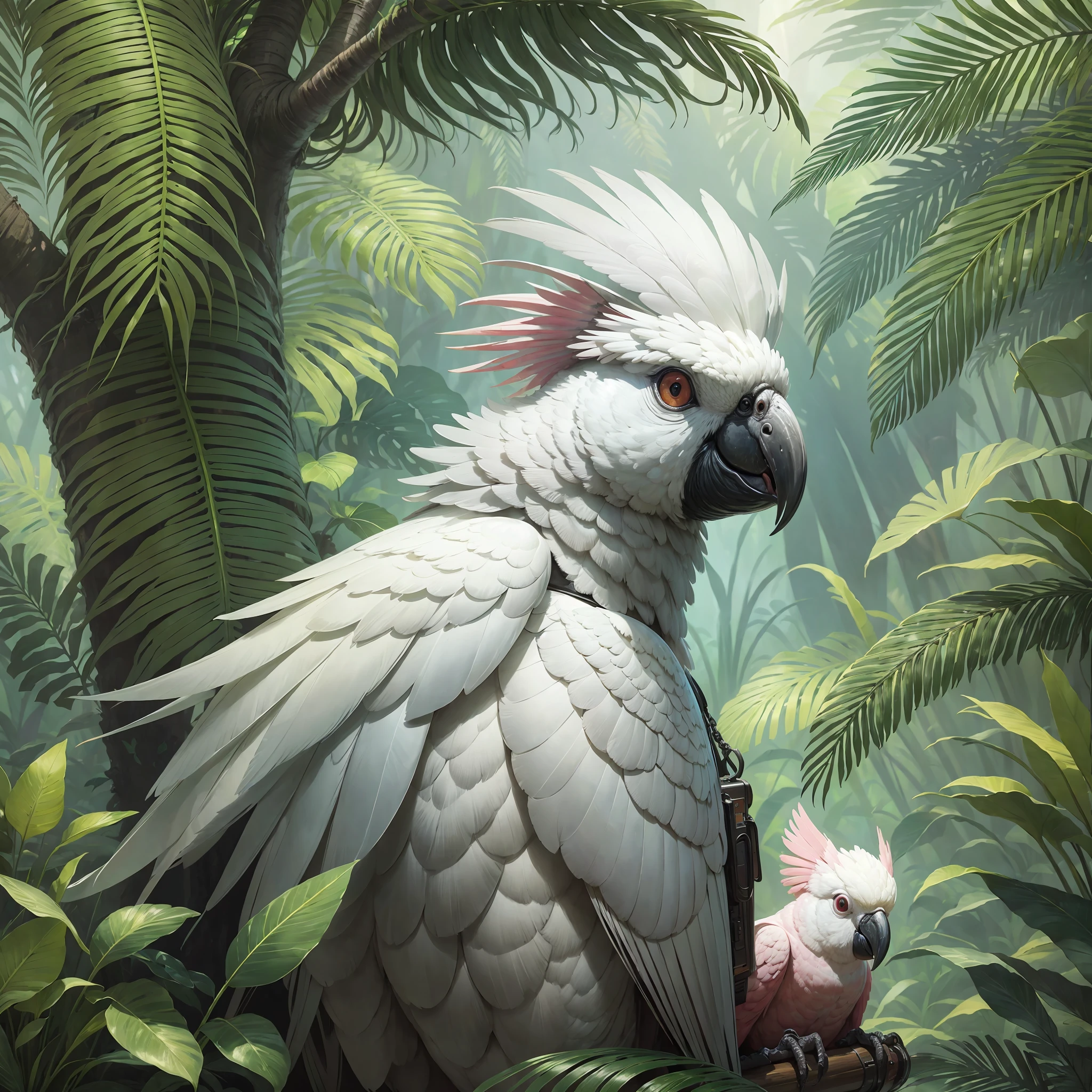 award-winning photographer, jungle with cockatoos and palm trees, highly detailed digital painting, cockatoo , cockatoo, highly detailed digital painting, 8K highly detailed art, highly detailed digital art, photorealistic printing, beautiful digital art, ultra realistic 3D illustration, ultra realistic illustration, highly detailed 4K painting, tropical birds, realistic illustration, surrealism, dreams,