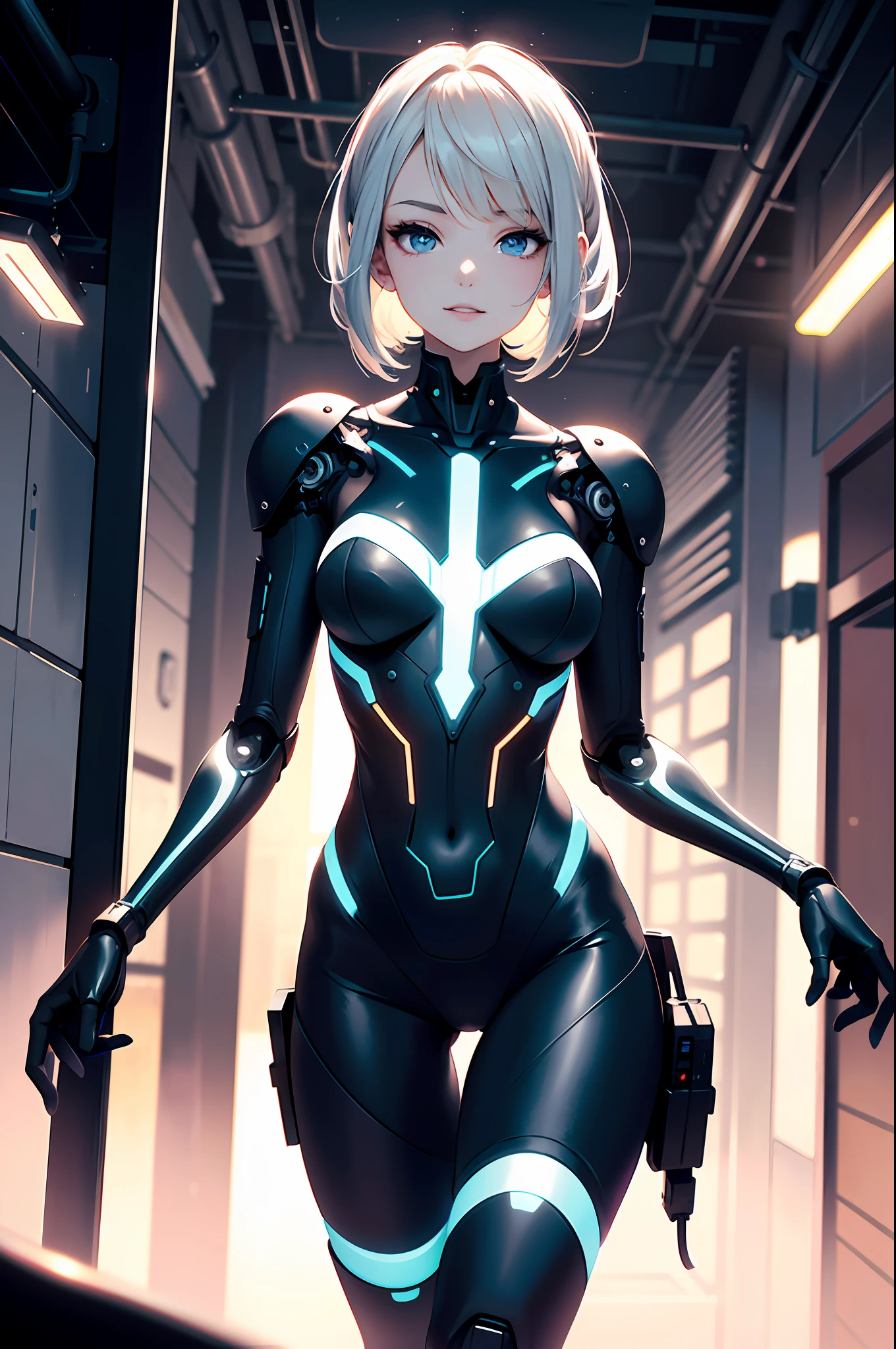 complex 3d render ultra detailed of a beautiful porcelain profile woman android face, black gross lycra body suit, luminous blue strip, cyborg, robotic parts,robotic arms, mechanic legs, look at viewer, 150 mm, soft light, rim light, vibrant details, luxurious cyberpunk, lace, hyperrealistic, anatomical, facial muscles, tight body, cable electric wires, microchip, elegant, beautiful background, octane render, 8k, best quality, masterpiece, illustration, an extremely delicate and beautiful, extremely detailed ,CG ,unity ,wallpaper, Amazing, finely detail, masterpiece,best quality,official art, extremely detailed CG unity 8k wallpaper, full body, grin, standing, sexy pose, small breasts, futuristic city, building, outdoor