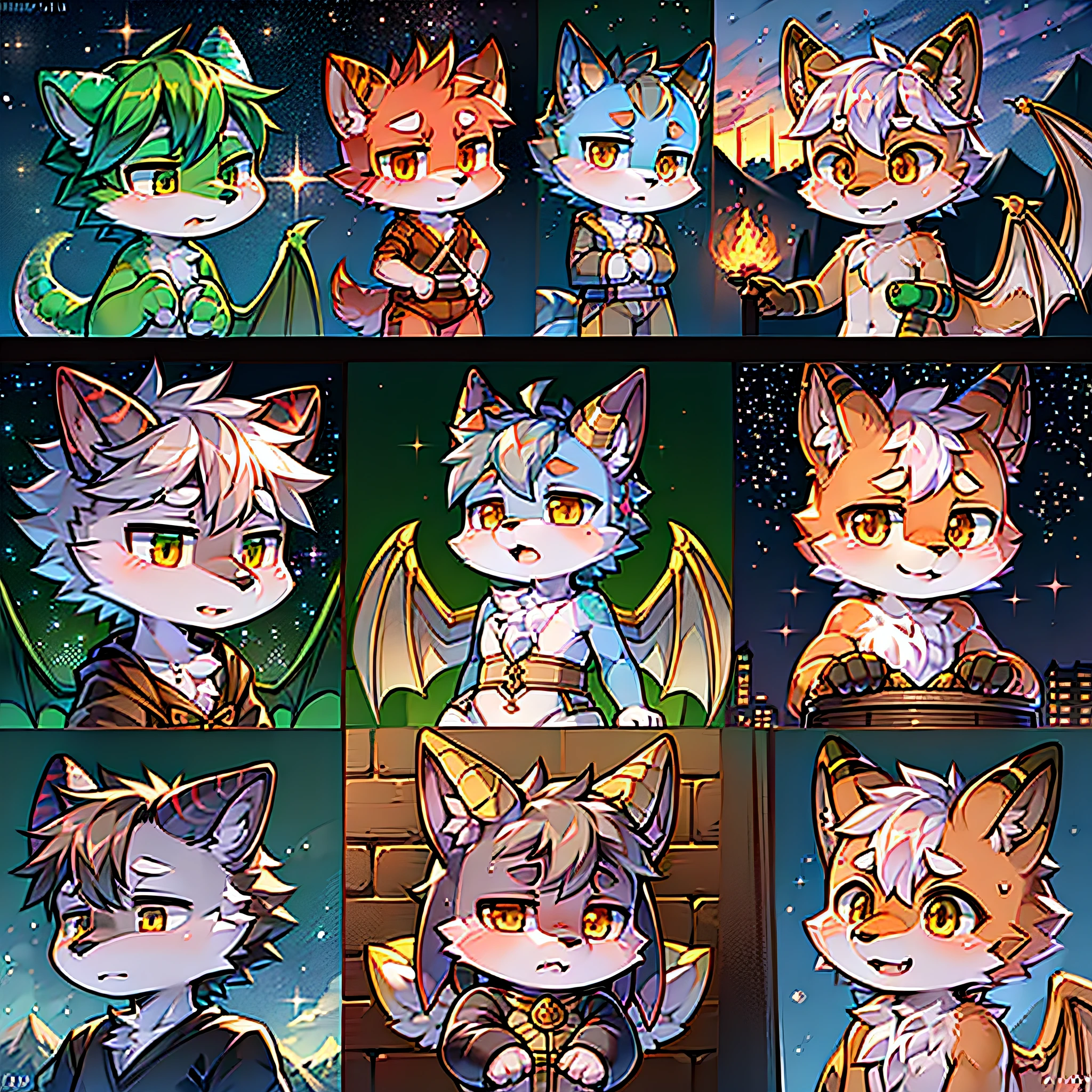 Bright environment, high quality, fine details, (toddlers, dragons, males, animals: 1.4), absurd resolution, digital painting \ (artwork), (dragons, fluffy fur, Character focus: 1.2), short hair, (bright eyes, left eye orange, right eye apple green: 1.2), (short dragon horn: 1.1), panorama, furry, furry neutral focus, (full body fur, furry tail, yellow-green fur, yellow-green eyes, gray hair: 1.5), (wings: 1.2), (long canine: 1.0), martial artist, (long canine: 1.3), (face details, ear details, foot details, hand details: 1.4), (cute: 1.1) : 1.0), ((toddler, dragon, female, animal: 1.5), absurd Res, digital painting (artwork), (dragon, fluffy fur, character focus: 1.2), short hair, (bright eyes, orange left eye, Apple-green right eye: 1.3), (short dragon horn: 1.4), panorama, (character focus: 1.3), furry, (full body fur, furry tail, orange fur, orange eyes, gray hair: 1.4), (wings: 1.3), (long canine: 1.0), (archer: 1.4), (bow: 1.6), (face details, ear details, foot details, hand details: 1.1), cute: 1.0), (tower of God, blue tower, purple, blue, Purple sky, starry sky, civilization, order: 1.4)
