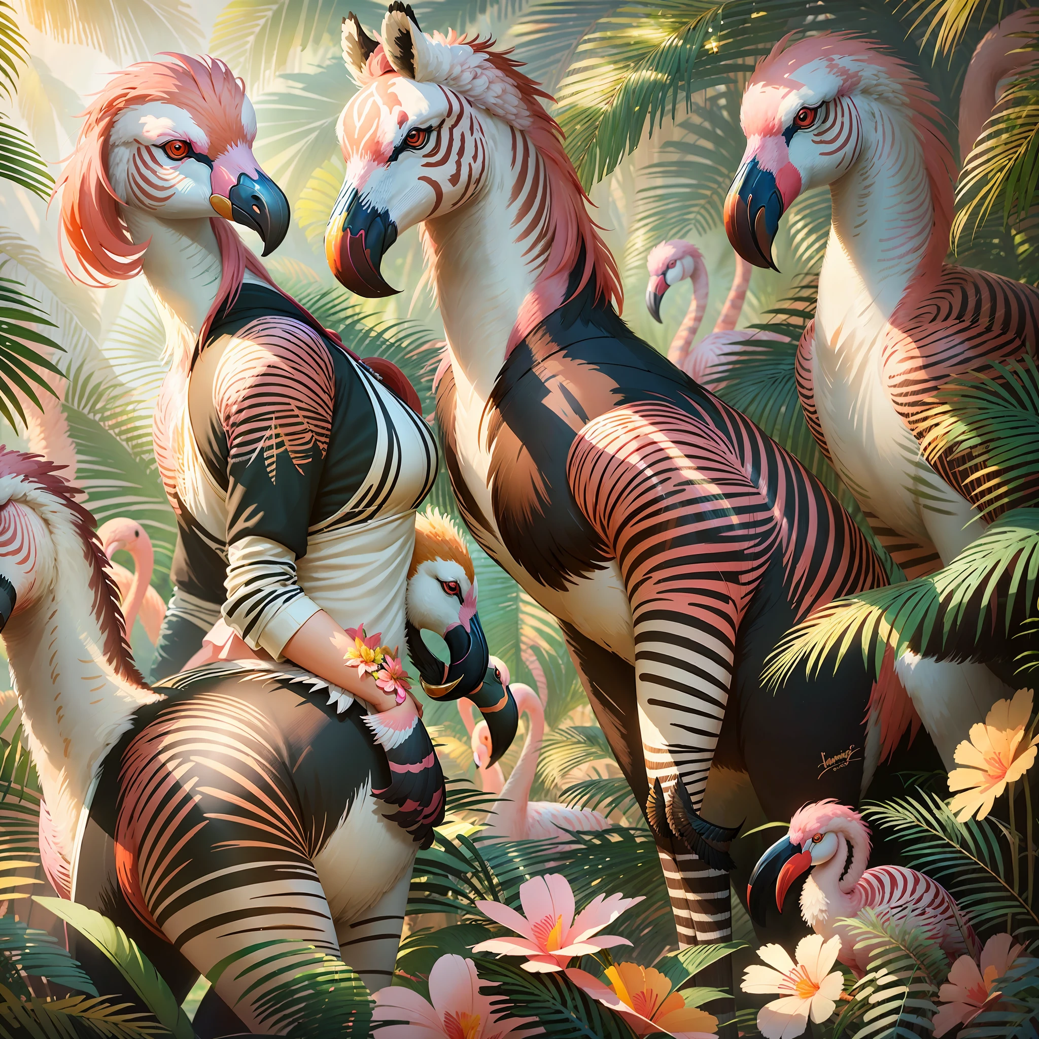 there are three flamingos and two zebras in the jungle, trending on artstation”, highly detailed digital painting, birds f cgsociety, beautiful digital artwork, flamingoes, flamingos, trending on artstation.', digital painting highly detailed, trending on cgsociety art, by Kerembeyit, highly detailed 4 k painting, afternoon hangout, ”ultra realistic