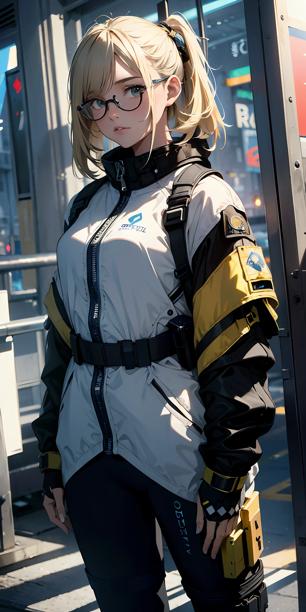 (masterpiece:1.4), 1girl, Wear a lightweight spacesuit, no helmet,absurdres, (masterpiece:1.4), ultra-detailed, 1girl, stand up, space uniform,2023 fashion, cyberpunk streetwear, black and yellow, blonde hair, glasses