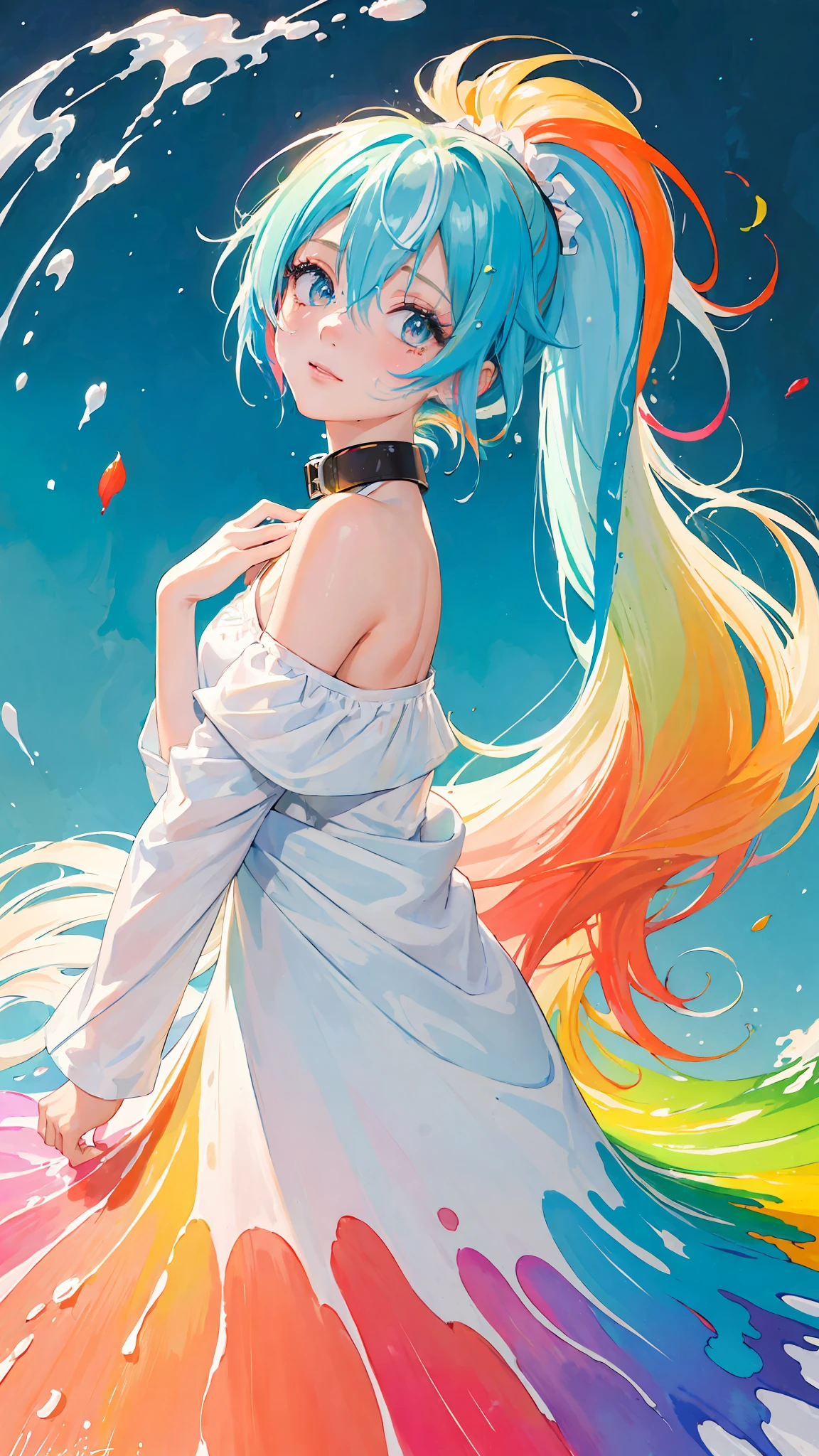 (Pink Fashion T-shirt:1.9),(Colorful hair: 1.8), (all the colours of the rainbow: 1.8),(((((vertical painting:1.6))), (painting:1.6),front, comics, illustrations, paintings, large eyes, crystal clear eyes,( rainbow color gradient high ponytail:1.7), exquisite makeup, closed mouth,(Small Fresh: 1.5),(Wipe Chest: 1.6) ,long eyelashes, white off shoulder T-shirt, White Shoulder Shirt,looking at the audience, large watery eyes, (rainbow colored hair:1.6), color splash, (solo:1.8), color splash, color explosion, thick paint style, messy lines, ((shining)),(colorful), (colorful), (colorful), colorful, Thick Paint Style, (Splash) (Color Splash), Vertical Painting, Upper Body, Paint Splash, Acrylic Pigment, Gradient, Paint, Highest Image Quality, Highest Quality, Masterpiece, Solo, Depth of Field, Face Paint, colorful clothes, (Elegant: 1.2), gorgeous,long hair, wind, (Elegant: 1.3), (Petals: 1.4),(((masterpiece))),(((best quality))),((ultra-detailed)),(illustration),(dynamic angle),((floating)),(paint),((disheveled hair)),(solo),(1girl) ,(Hatsune miku), (((detailed anima face))),((beautiful detailed face)),collar,bare shoulders,white hair, ((colorful hair)),((streaked hair)),beautiful detailed eyes,(Gradient color eyes),(((colorful eyes))),(((colorful background))),(((high saturation))),(((surrounded by colorful splashes))),