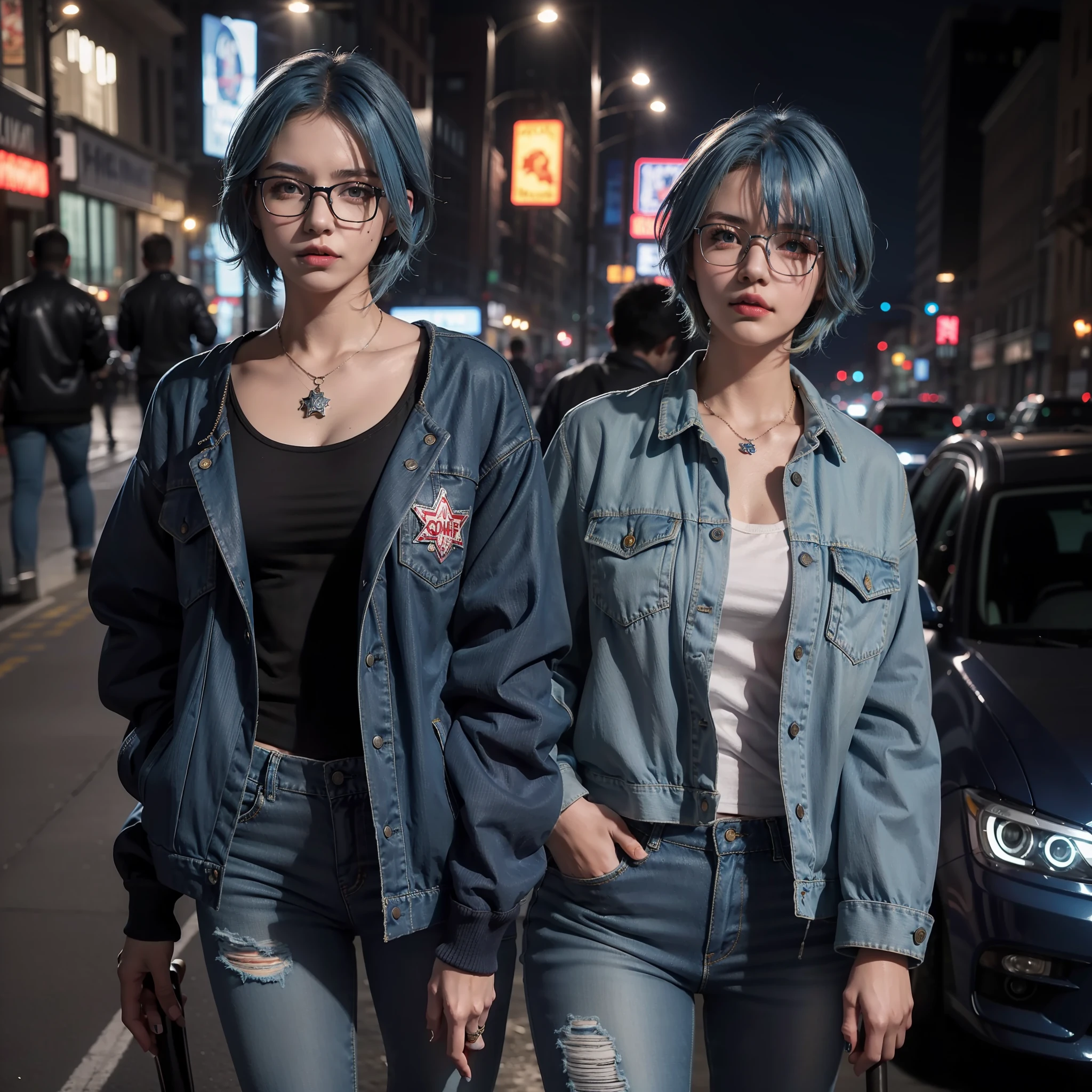 masterpiece, best quality, realistic, highly detailed, 1girl, solo, cowboy shot, gangster girl, short hair, ((blue hair)), hair between eyes, blue jacket, tatto on neck, baseball bat, short jeans, glasses, medium breasts, standing, city, outdoors, night,