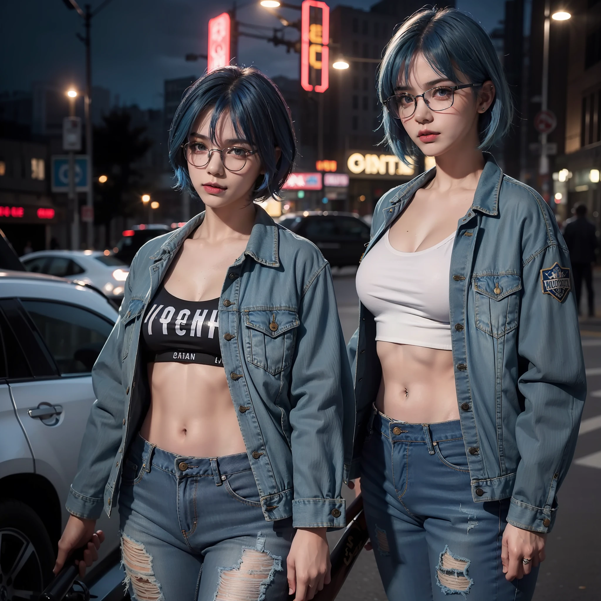 masterpiece, best quality, realistic, highly detailed, ((1girl)), ((solo)), cowboy shot, gangster girl, short hair, ((blue hair)), hair between eyes, blue jacket, tatto on face, baseball bat, short jeans, glasses, medium breasts, standing, city, outdoors, night,
