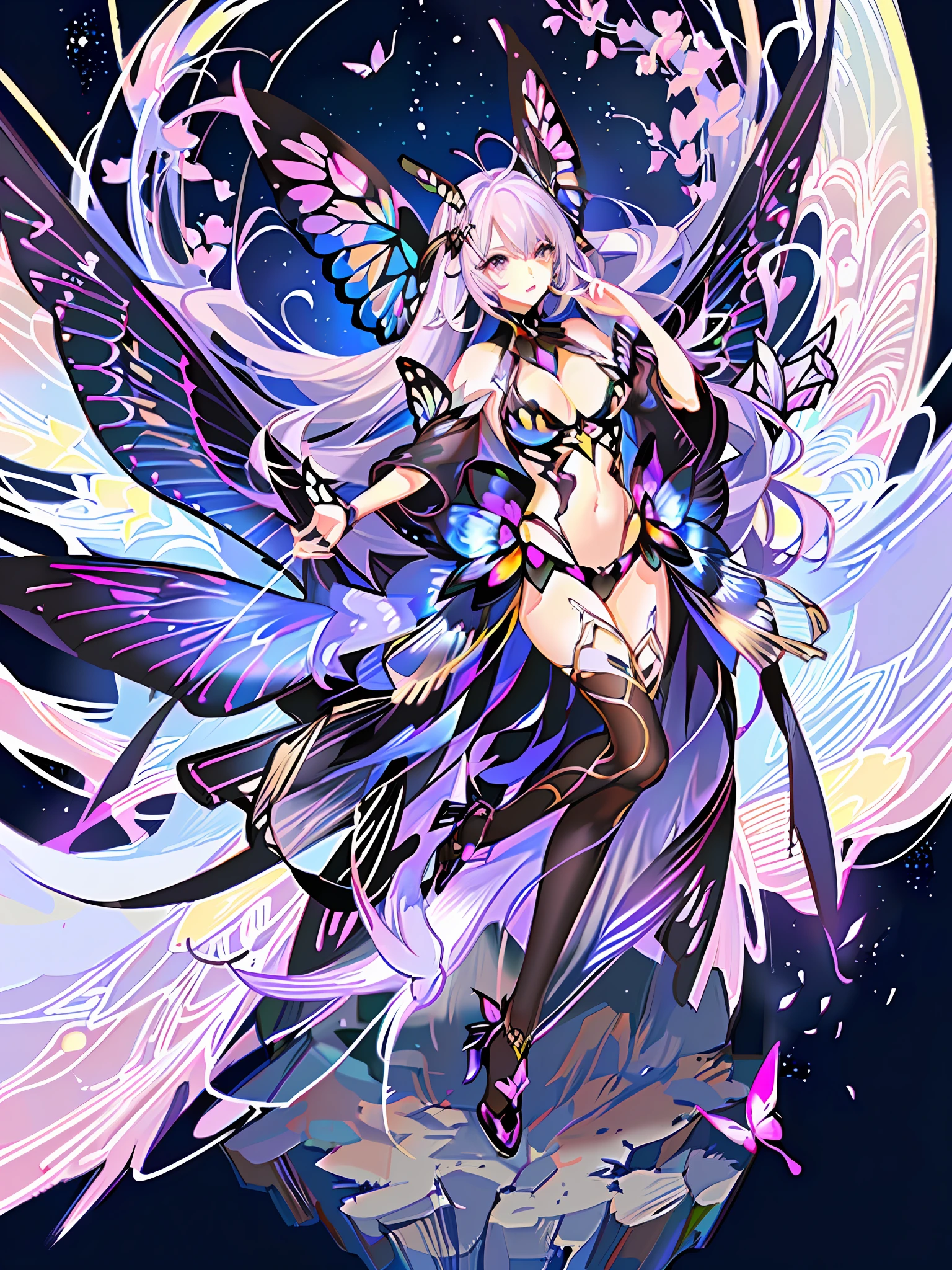 a Women is cute face, sexy, solo, (Hair color purple and pink, longer hair, shaved part of the forehead), Queen swallowtail butterfly (esp. the citrus swallowtail butterfly, butterfly antennas, Papilio xuthus), (Mechanical bikini armor, Mechanical Large butterfly wings on the back) Japan's anime Moe style, in the night sky, Flower fields overflowing with moonlight, twinkling lights, starry sky, full body, full shot, dynamic pose, (Bird's eye view, high angle shot, from above), beautiful detailed face & eyes, masterpiece, best quality, ultra detailed, HDR, high res, detailed background, a exotic character, Perfect Anatomy, perfect proportion, Big tits,