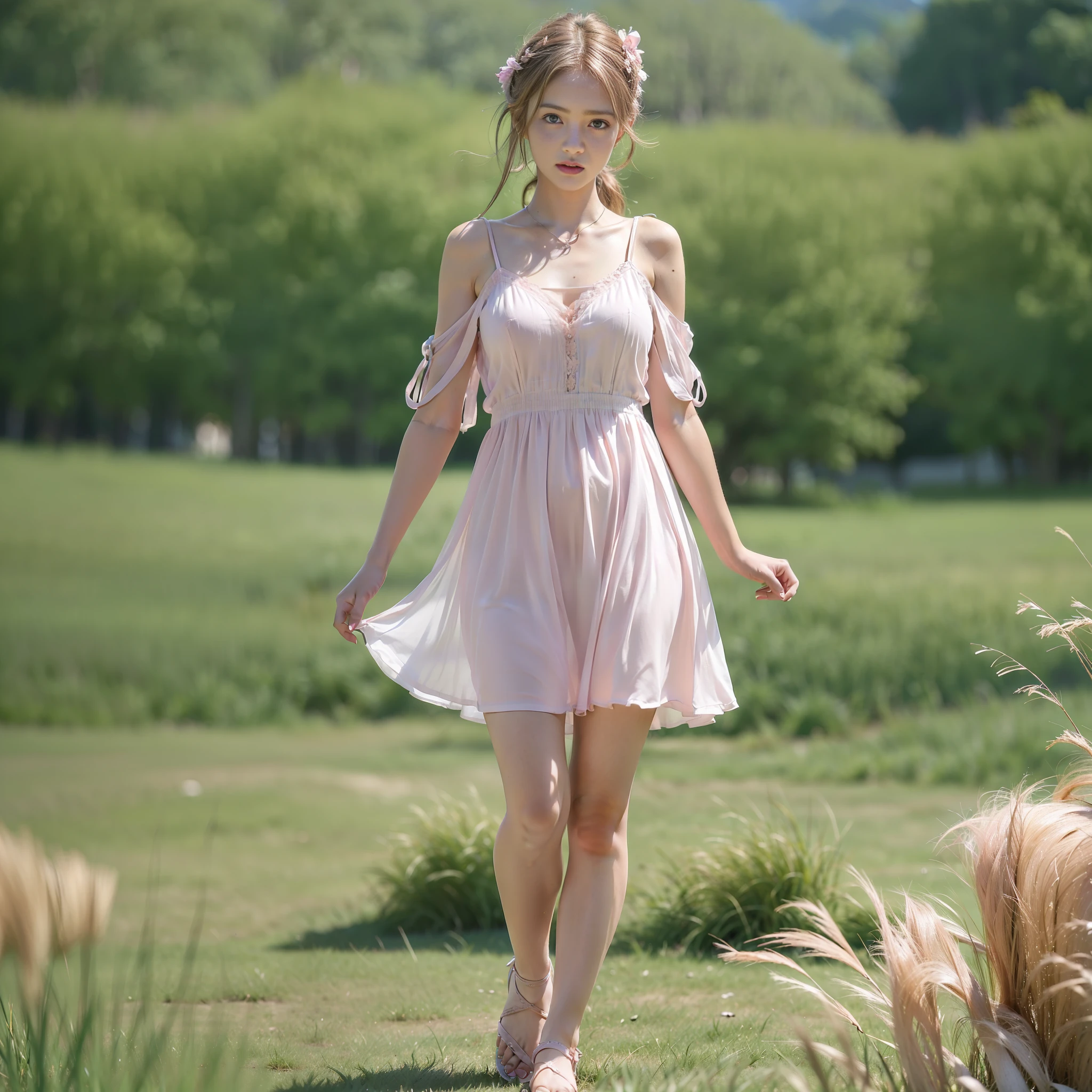 ((Ultra High Quality)),((Smooth image)),((Realistic 3D image)),((Light pink dress)),((Open from shoulders to chest)),((Short dress)),((Wearing sandals with bare feet)),((No underwear)),((Grassland)),((The wind is blowing),(Hair is long)),((One person),((18-year-old pretty beautiful girl)) ,((Full body appearance))
