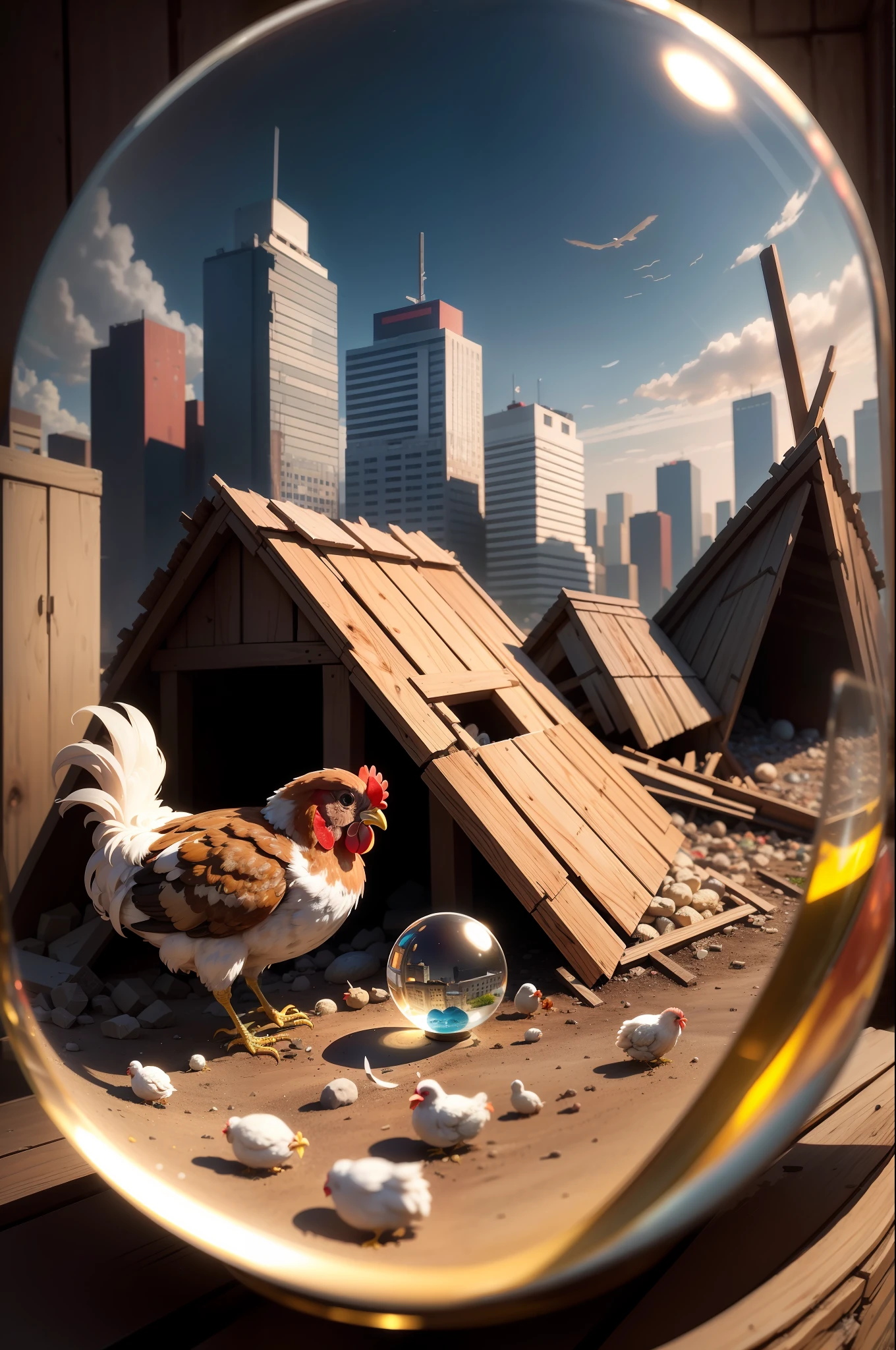 mini\(ttp\), (8k, RAW photo, best quality, master:1.2), color background, clean background, depth of field, city, , chicken shed collapsed, miniature, landscape, iso-angle, in crystal ball,