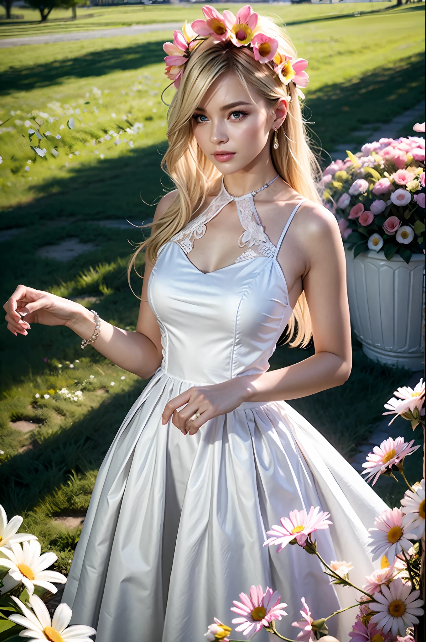 (Realistic: 1.3), Detailed, Quality, (Masterpiece: 1.2), (Photorealistic: 1.2), (Best Quality), (Detailed Skin: 1.3), (Complex Detail), Dramatic, Ray Traced, One Girl, American Caucasian Girl, Blonde Hair, 21 Years Old, Medium Breasts, White Thin Fabric Dress, ( Colorful large flower blooming field background), (surrounded by colorful large flowers)