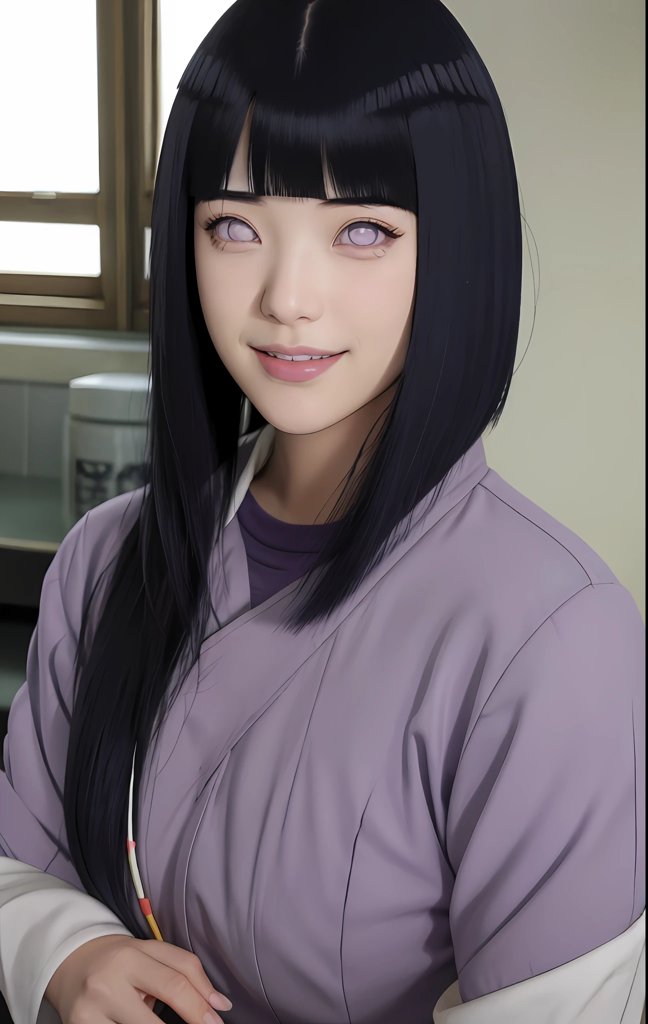 a girl with long blue hair and a gray shirt, hinata hyuga, hinata hyuga from naruto, she has black hair with blunt bangs, realistic, with long dark hair, from naruto, blunt bangs, purple eyes, pink lips, (realistic hair:1.3), (long hair:1.3), (light smile:1.3), detailed character, realistic character, blushing,  (beautiful face:1.3), (detailed eyes:1.3), pretty, medium breast, eyelashes