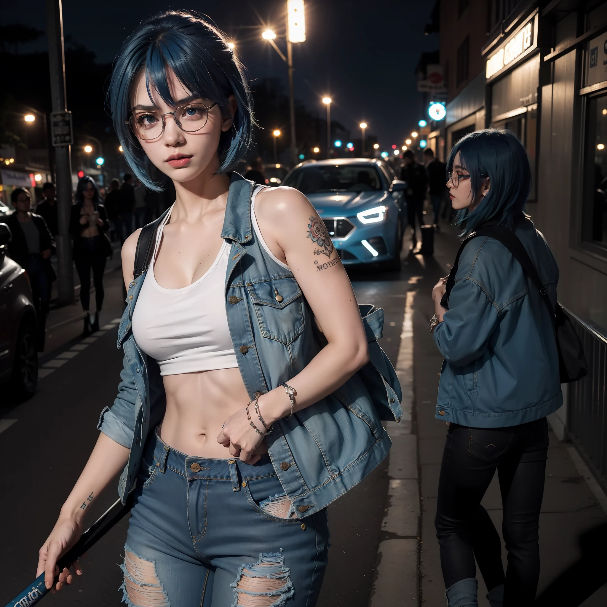 masterpiece, best quality, realistic, highly detailed, ((1girl)), ((solo)), cowboy shot, gangster girl, short hair, ((blue hair)), hair between eyes, tank top, blue jacket, tattoed body, baseball bat, short jeans, glasses, medium breasts, standing, city, outdoors, night,