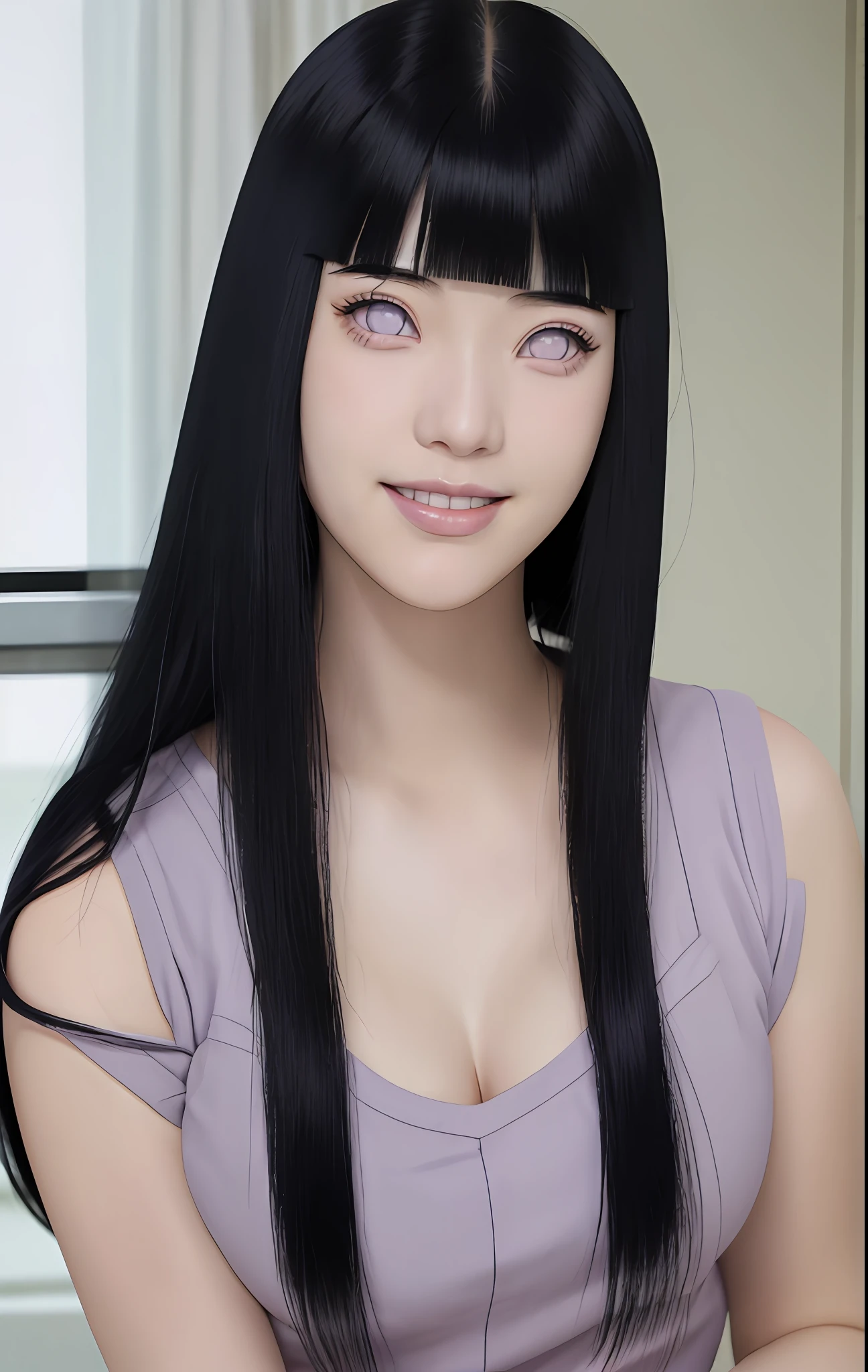 a girl with long blue hair and a gray shirt, hinata hyuga, hinata hyuga from naruto, she has black hair with blunt bangs, realistic, with long dark hair, from naruto, blunt bangs, purple eyes, pink lips, (realistic hair:1.3), (long hair:1.3), (light smile:1.3), detailed character, realistic character, blushing, (beautiful face:1.3), (detailed eyes:1.3), pretty, medium breast, eyelashes
