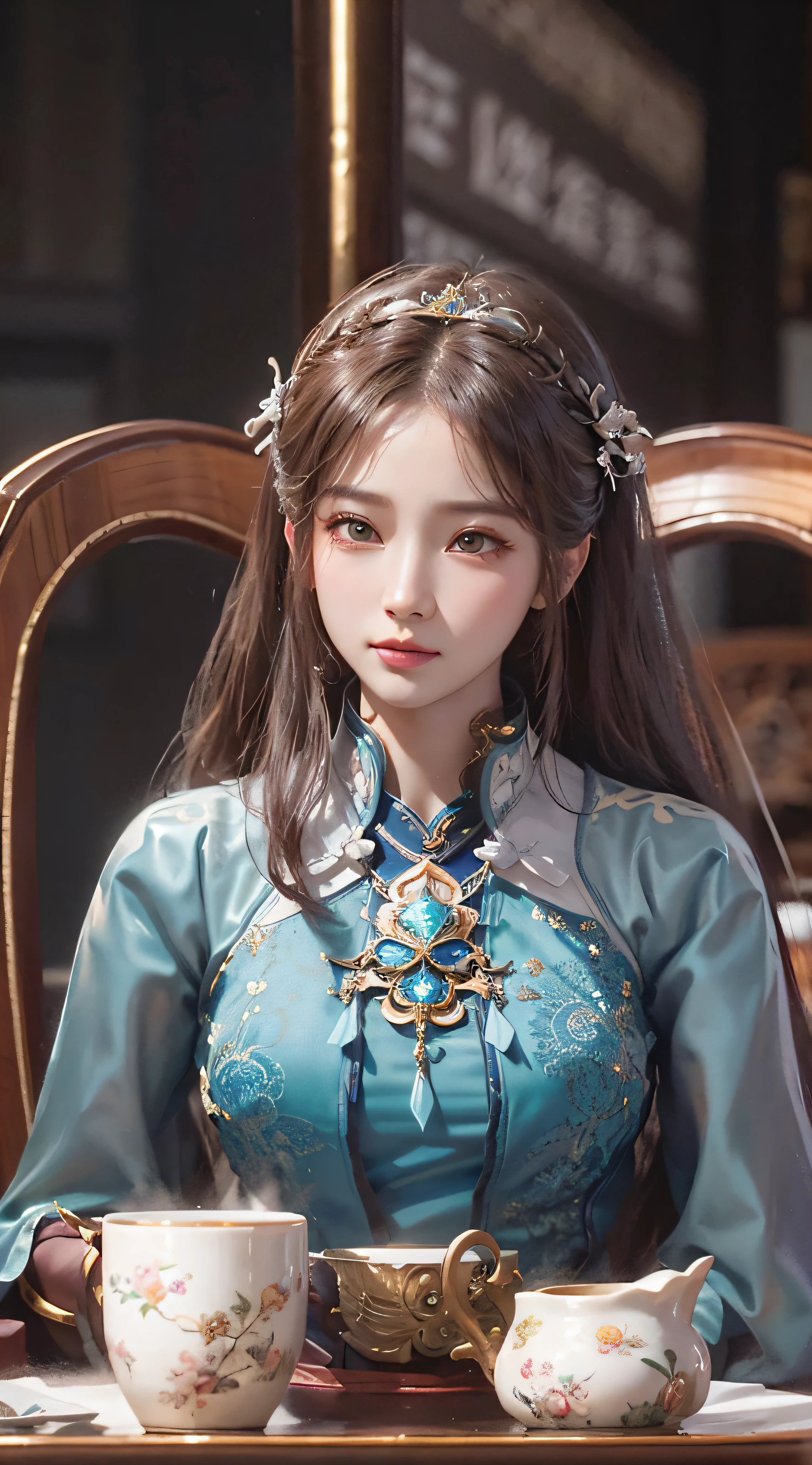 there is a woman sitting at a table with two cups of tea, game cg, lineage 2 revolution style, full body xianxia, yun ling, xianxia, a beautiful fantasy empress, porcelain looking skin, female character, queen of the sea mu yanling, dynasty warriors, intricate ornate anime cgi style, portrait knights of zodiac girl