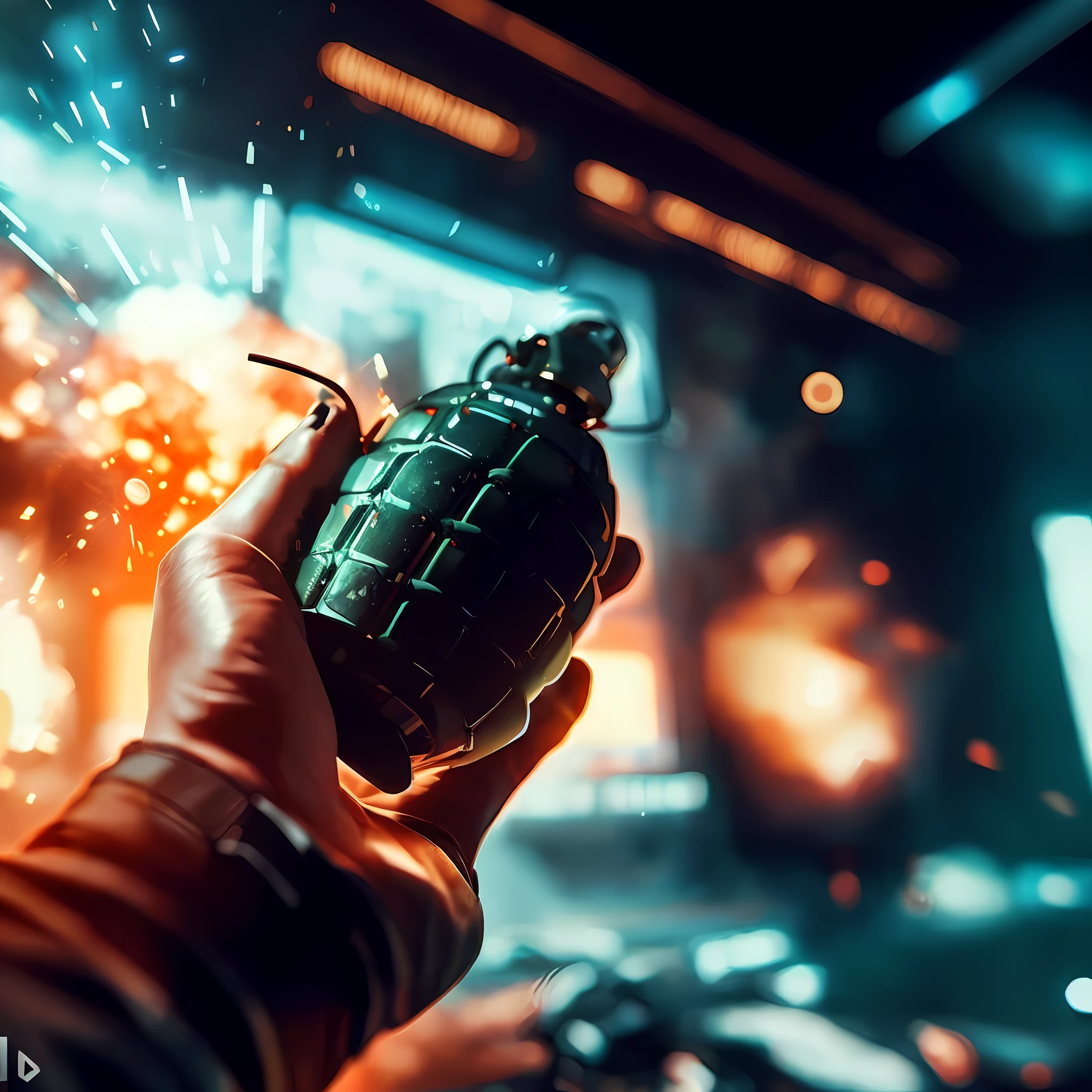 someone holding a grenade in their hand with a lot of sparks, grenade in hand, holding a bomb, grenade explosion, beeple style, beeple. octane render, 3 d render beeple, digital art #oneshotgame, beeple. hyperrealism, cinematic beeple, in style of beeple, beeple!!