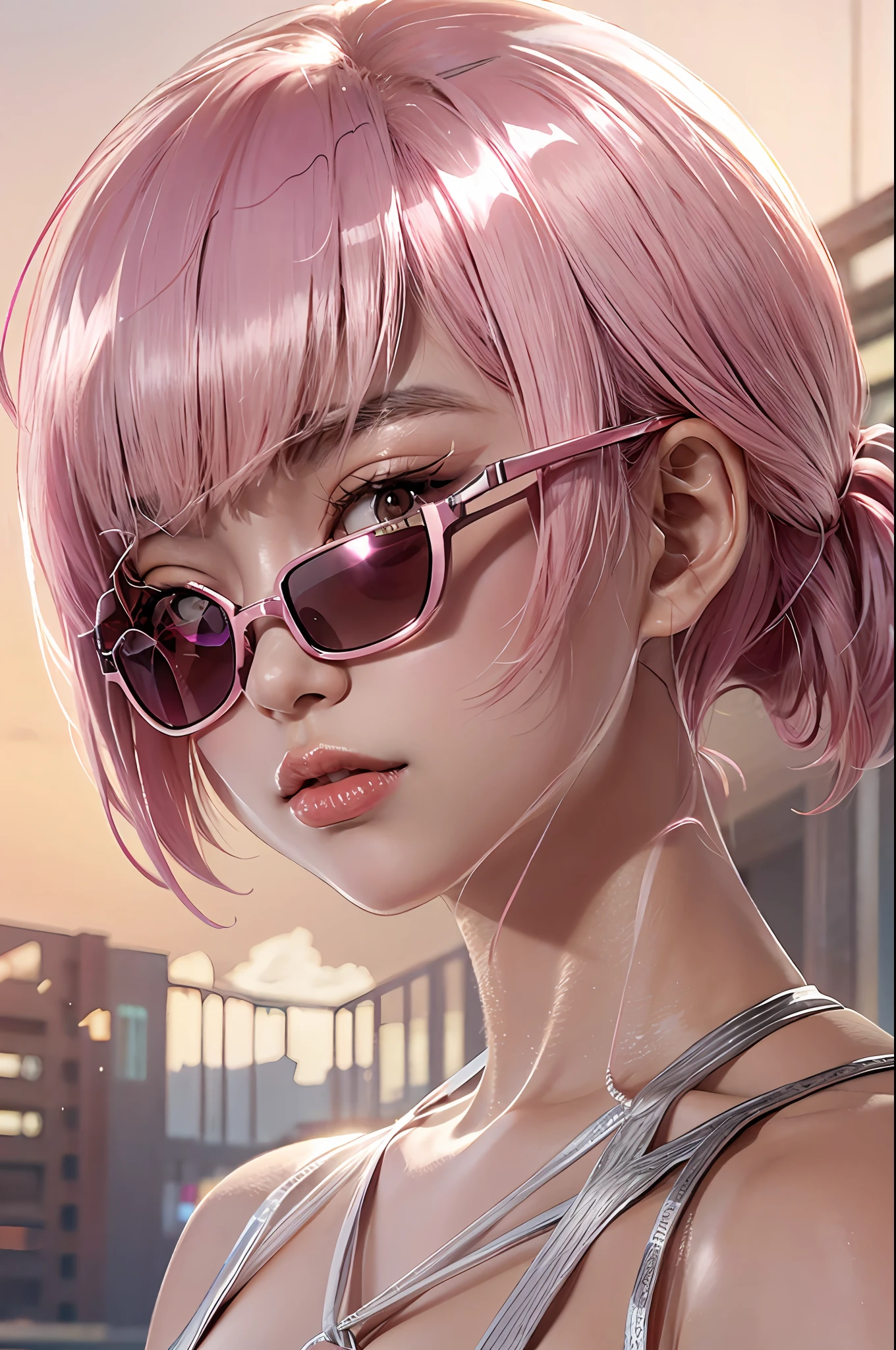 pink hair,, blunt bangs, 1girl,solo, flashy hair, photorealistic, high resolution, one girl, korean, summer, cowboy shot, sunglasses