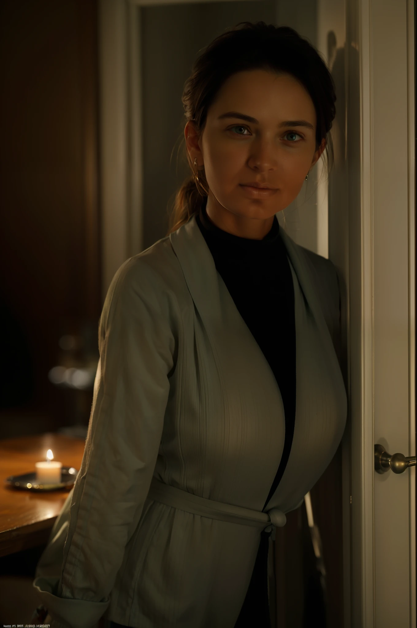In a warm and sweet home, beautiful hostess sitting at the dining table in exquisite clothes, eyes looking at her boyfriend at the door, the surrounding lights are illuminated by candlelight, boys in suits with their backs to the audience, holding gifts hidden behind their backs, photorealism, photos, masterpieces, realism, realism, photorealism, photorealism, high contrast, photorealistic digital art trends in Artstation 8k HD detailed realistic, detailed, skin texture, super detailed, realistic skin texture, armature, Best Quality, Ultra High Resolution, (Realism: 1.4),, High Resolution, Detailed, Original Photo, Sharp, By Lee Jeffries Nikon D850 Film Stock Photograph 4 Kodak Portra 400 Camera F1.6 50mm Lens Rich colors Ultra-realistic realistic textures Dramatic lighting UnrealEngine Artstation Cinestill 800 on the trend,
