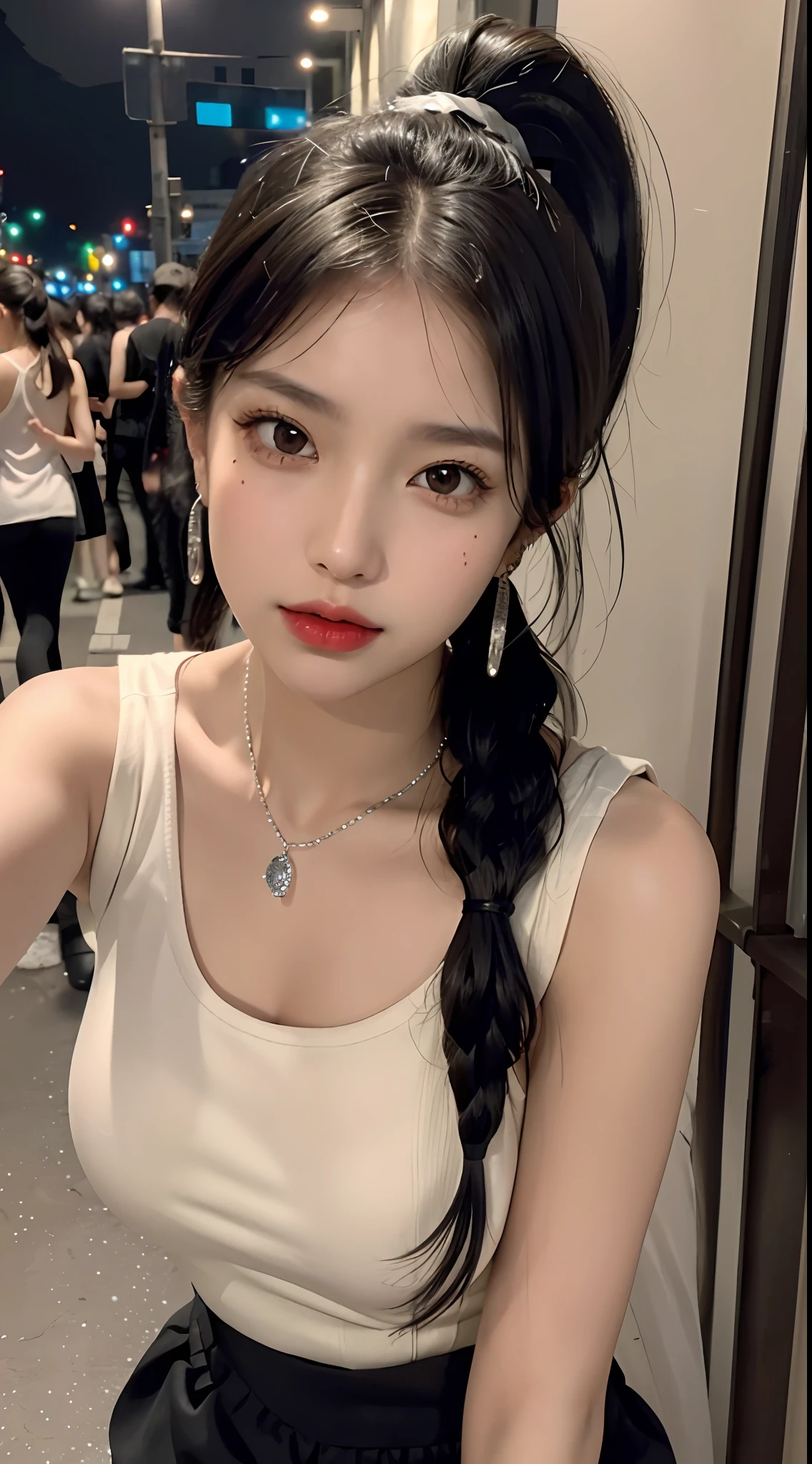 (Masterpiece), best quality, 8K resolution, a beautiful girl, wearing a sports vest with yoga pants, with a necklace, a beauty mole under the corner of the left eye, perfect figure, ((beautiful detailed face)), black hair (ponytail), delicate makeup, red lips, shiny lips, long eyelashes, with silver earrings, bright big eyes, eye shadow, lying silkworm, movie lighting, cute girl, master work, high detail, colorful picture, light and shadow details, extremely delicate beautiful girl, supple fair skin, Delicate facial features, perfect face, stunning beauty, extreme details, realistic details, taking a selfie with a mobile phone, on the streets of China at night, running, and a lot of sweat (water droplets) on the face