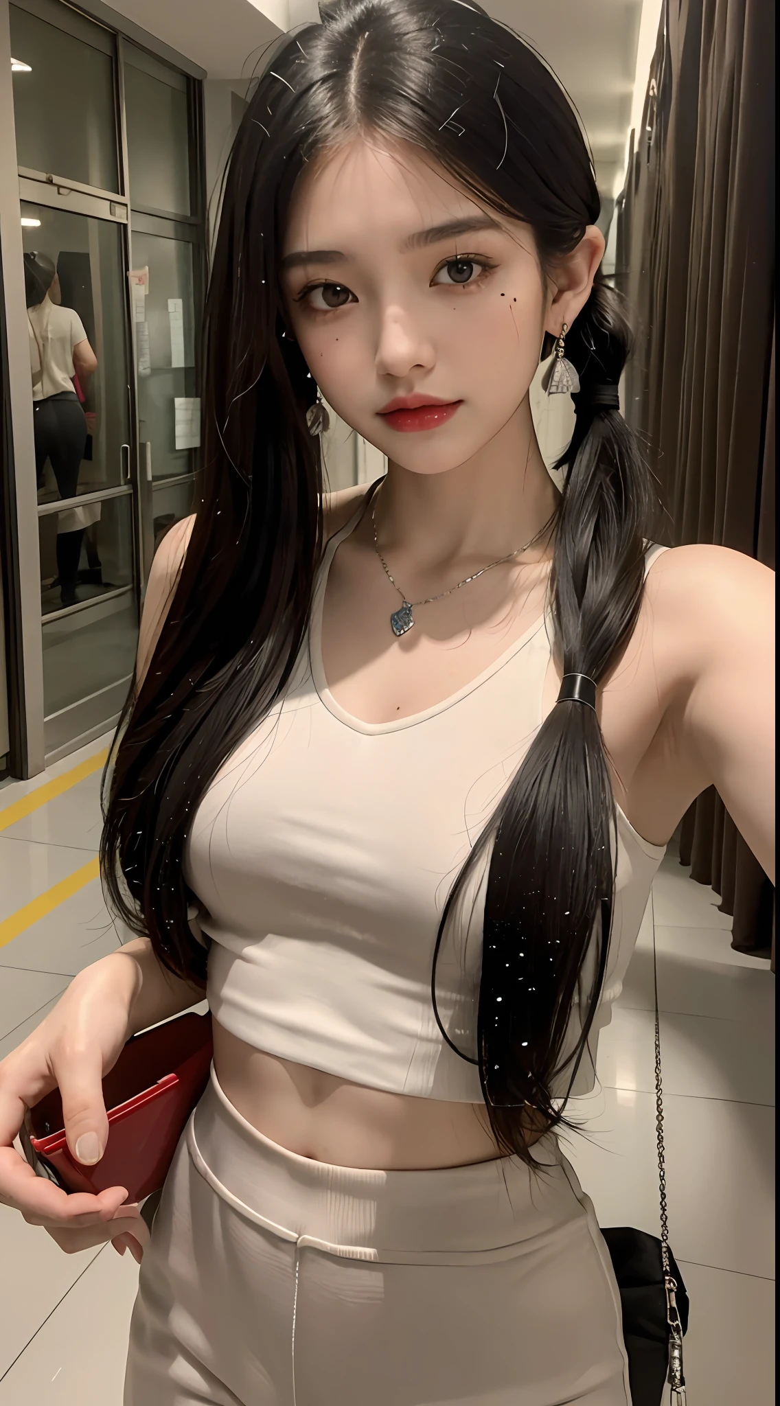 (Masterpiece), best quality, 8K resolution, a beautiful girl, wearing a sports vest with yoga pants, with a necklace, a beauty mole under the corner of the left eye, perfect figure, ((beautiful detailed face)), black hair (ponytail), delicate makeup, red lips, shiny lips, long eyelashes, with silver earrings, bright big eyes, eye shadow, lying silkworm, movie lighting, cute girl, master work, high detail, colorful picture, light and shadow details, extremely delicate beautiful girl, supple fair skin, Delicate facial features, perfect face, stunning beauty, extreme details, realistic details, taking a selfie with a mobile phone, on the streets of China at night, running, and a lot of sweat (water droplets) on the face