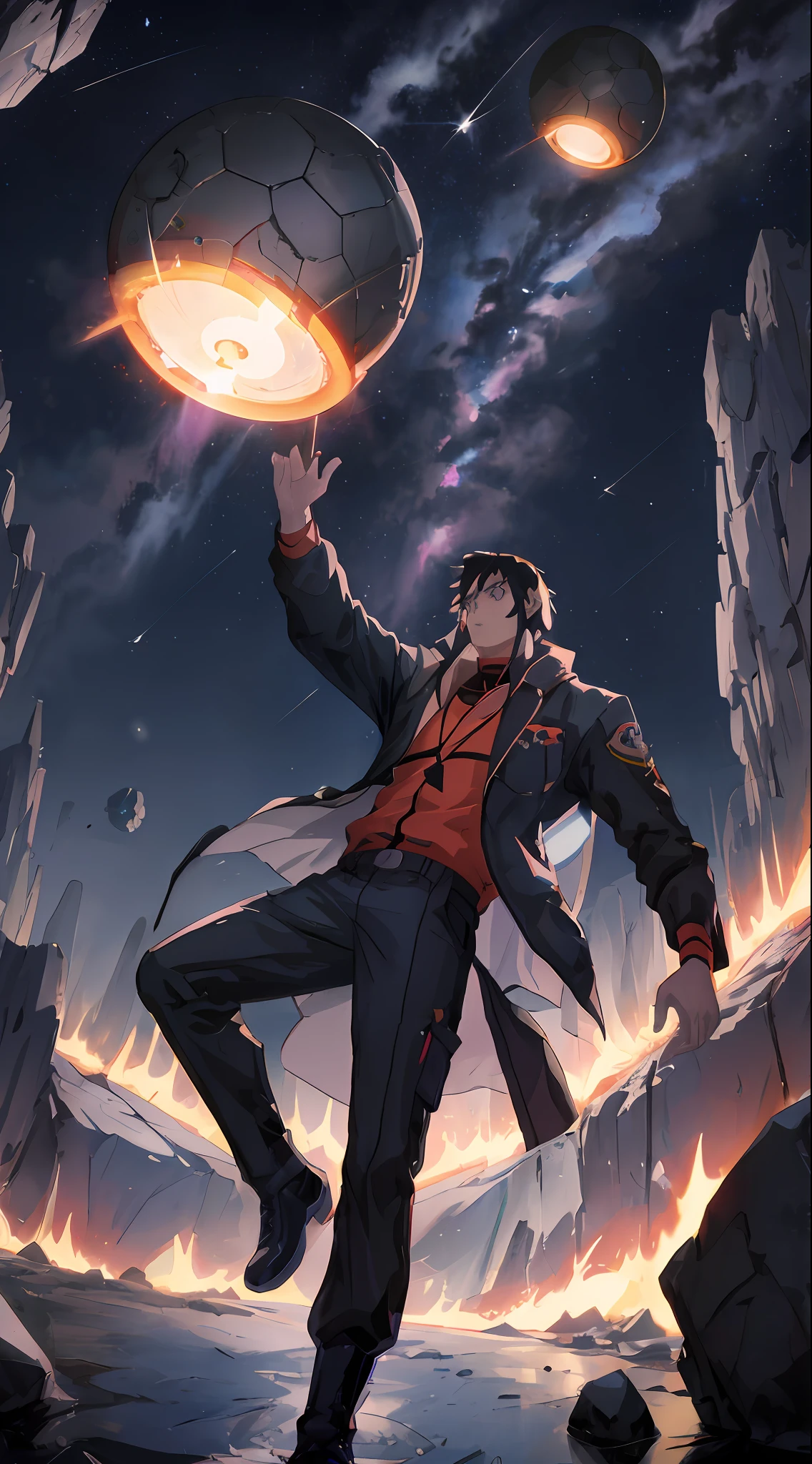 anime character holding a glowing object in his hand in a rocky area, space dandy style, dandy from space dandy anime, official art, space dandy, akira artstyle, official fanart, akira art style, char aznable album art, official concept art, jett from valorant, high quality fanart, official artwork, by Yang J
