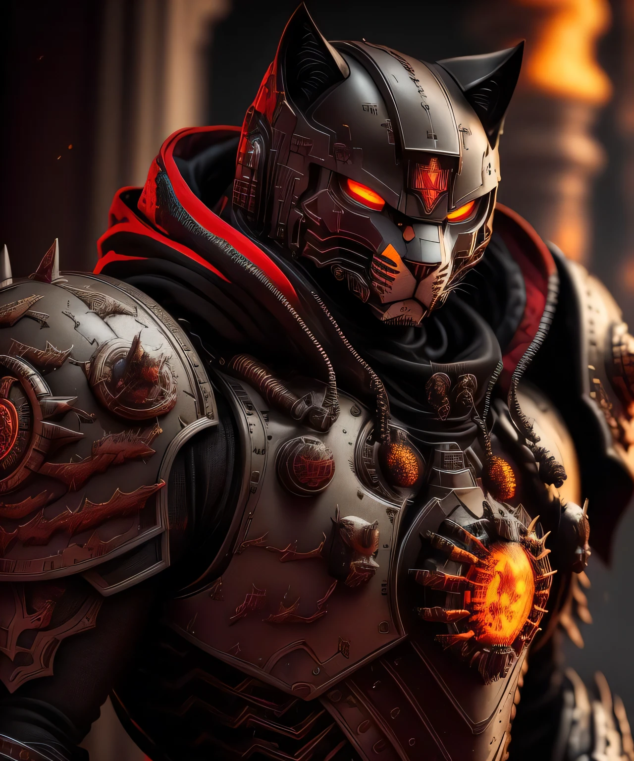 Cat in power armor-hoodie adeptus mechanicus, eyepieces, finely detailed armor, looking away, encrusted with skulls, black and red, warhammer 40k, dark tones, fire burning rome empire in the background, sparks, cinematic lighting, hyper realistic instricate designs