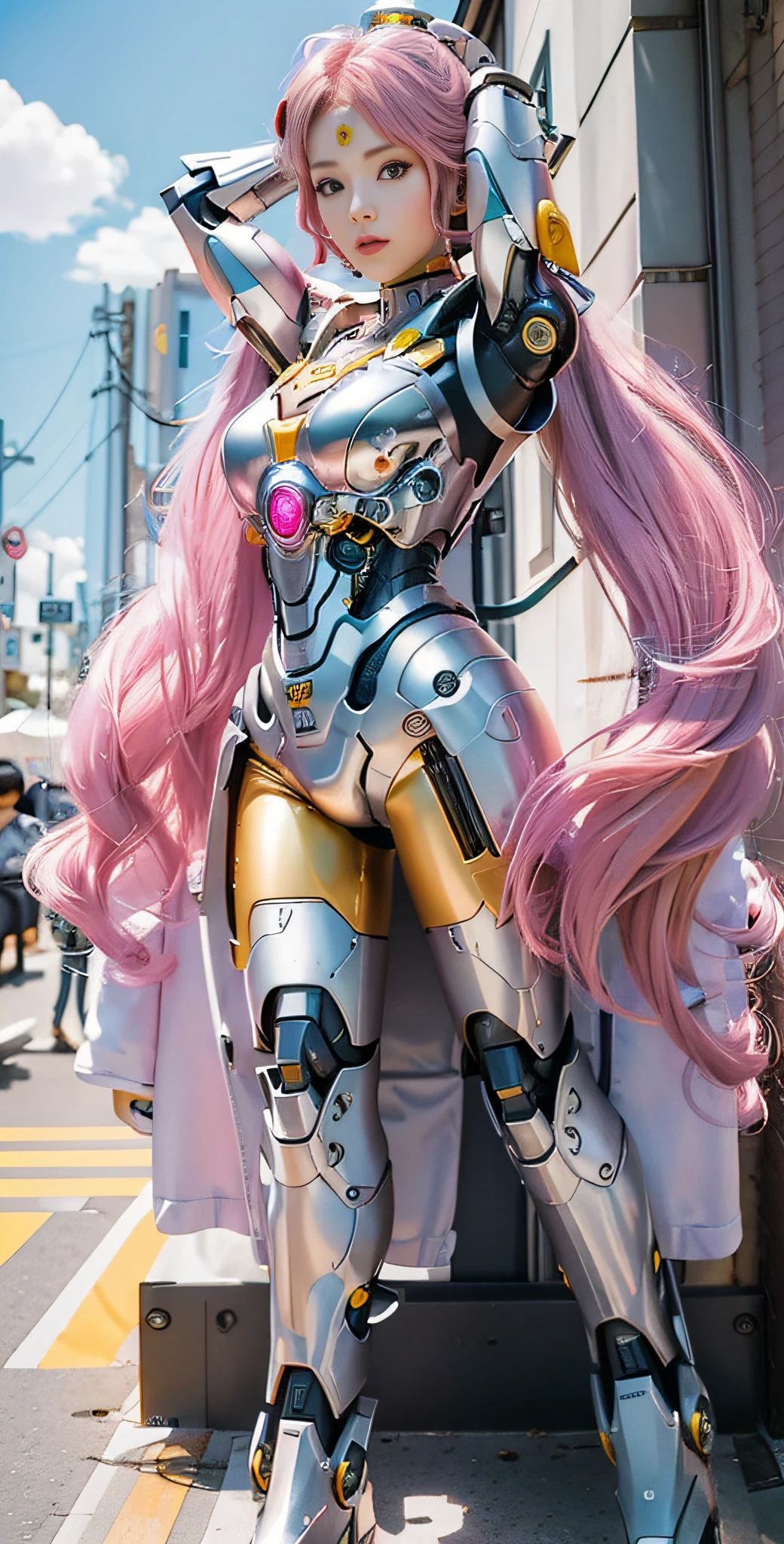 (masterpiece) (cyborg girl) (mecha) (portrait:1.7) (photoshoot) (looking at viewer) (pink and yellow armor suit) (on the futuristic streets of tokyo) (2050) (flying cars in the background)