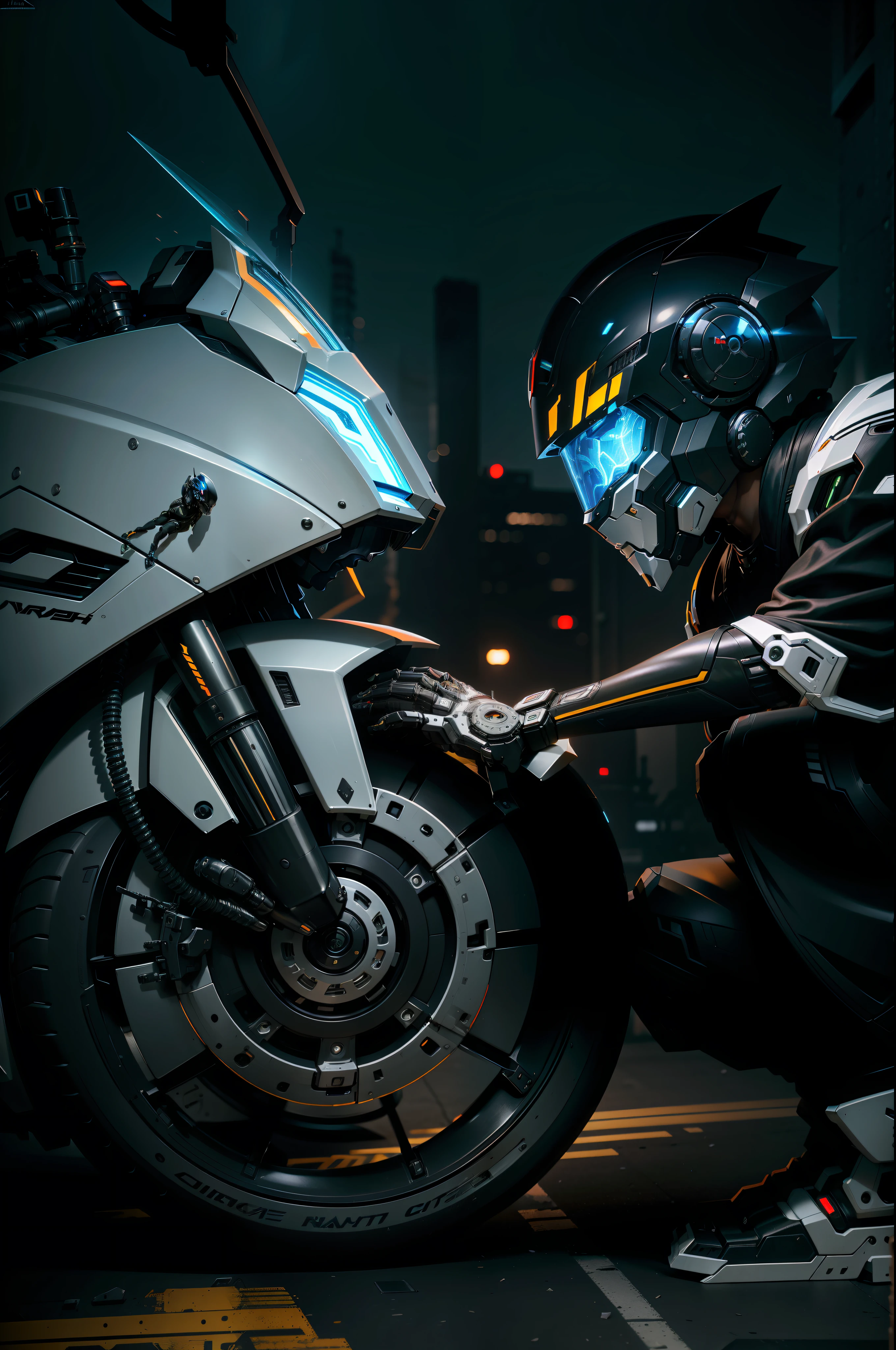 Full body black mecha white short hair cyber handsome warrior, black cyber mechanical motorcycle, high-tech black full surround helmet, white short hair, Nousr, biomechanics, MSHN robot man, high-tech helmet, surreal, steel, intricate design, crazy details, fine details, extremely clear lines, cinematic lighting, photo realistic, detailed masterpiece