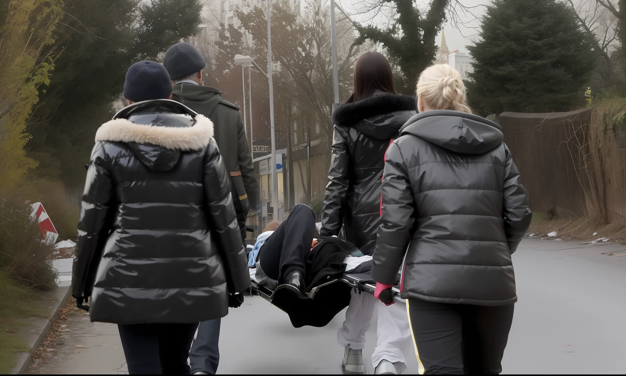 several longhaired women in shiny long leather coats are walking down a street while carrying a stretcher, an elderly man is been carried on a stretcher, women are carrying a man on a stretcher, women in shiny coats are carrying a stretcher in the street, dramatic pose, theatralic rescue pose, first aid scene, shiny clothed women in a rainy street, a writhing man is lying on a stretcher, a stretcher in a russian demolished street, , photo still of behind view, dead bodies in the background, rear-shot, in postapocalypse city, video still, still from a music video, scene from the film, still from a movie, shot from movie, still from the film, still from l'estate, opening scene, refugee walking down a sidewalk carrying luggage and walking down a street, video still, uhd candid photo of dirty, surrounding the city, action shot girl in parka, walking through a suburb, dead bodies in the background, poignant, cold scene, bottom viev, glitch in the matrix, behind the scenes, edited, people outside walk, on set, person in foreground