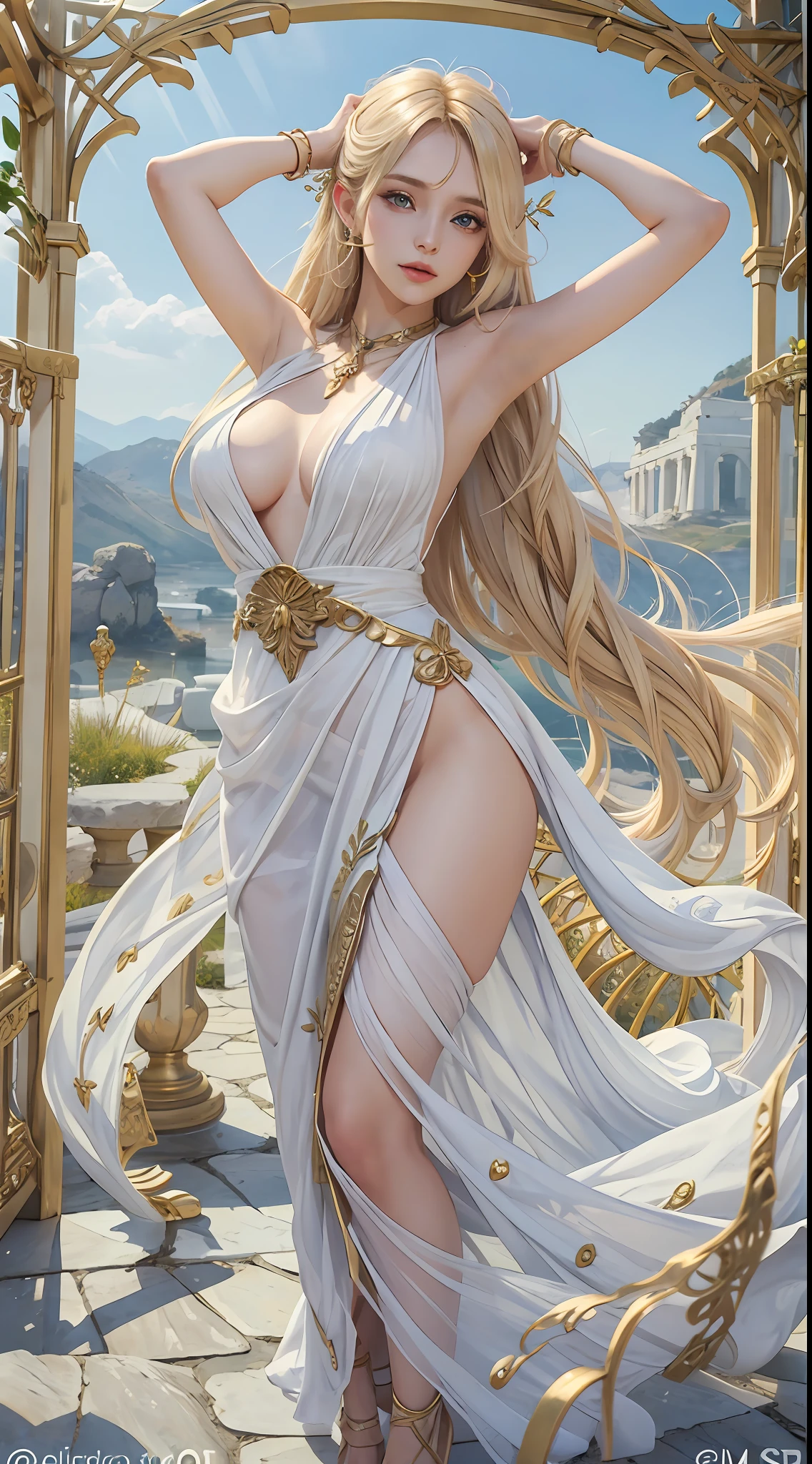 a mature female, ethereal, goddess, large breasts, vivid color, white greek peplos, golden hair, bare shouders, perfect female figure, arms up, armpits, thighs, [light smile], expressionless,trending on Art Station, masterpiece, 8k resolution, fantasy art,