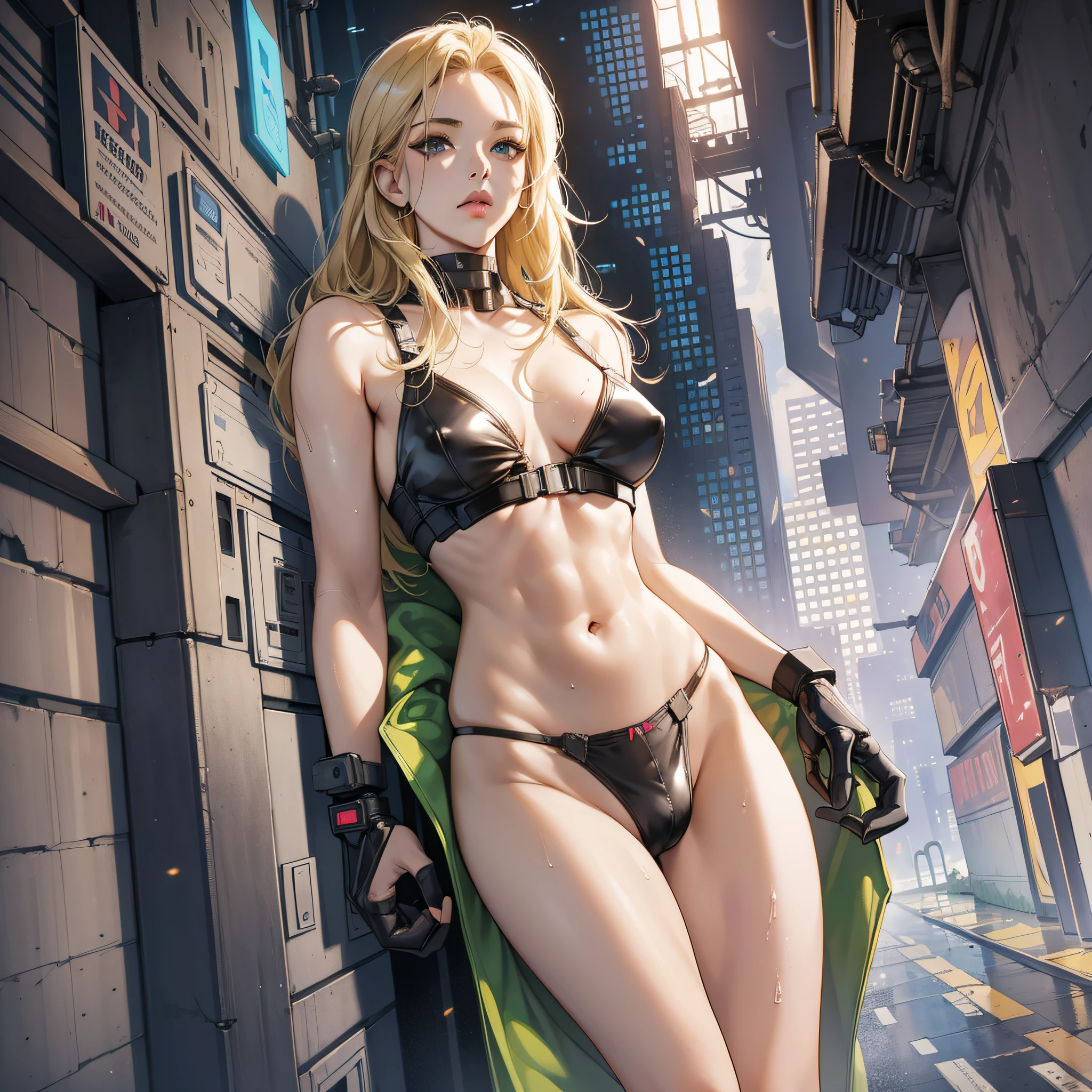 Cyberpunk, Cyborg beauty, Body partially mechanic, (high resolution, young blonde beauty), Very big, Very small micro underwear, protruding, Crotch wide open, shape clearly visible, Pubic area clearly visible, Crotch wide open, Wet and skin-sticking underwear, Lying on bed