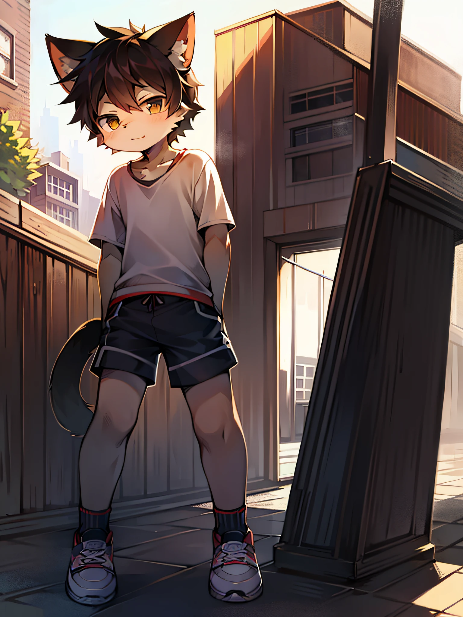 Cat type little boy, wearing shorts, cat ears, posing. Teenager, cute, cool