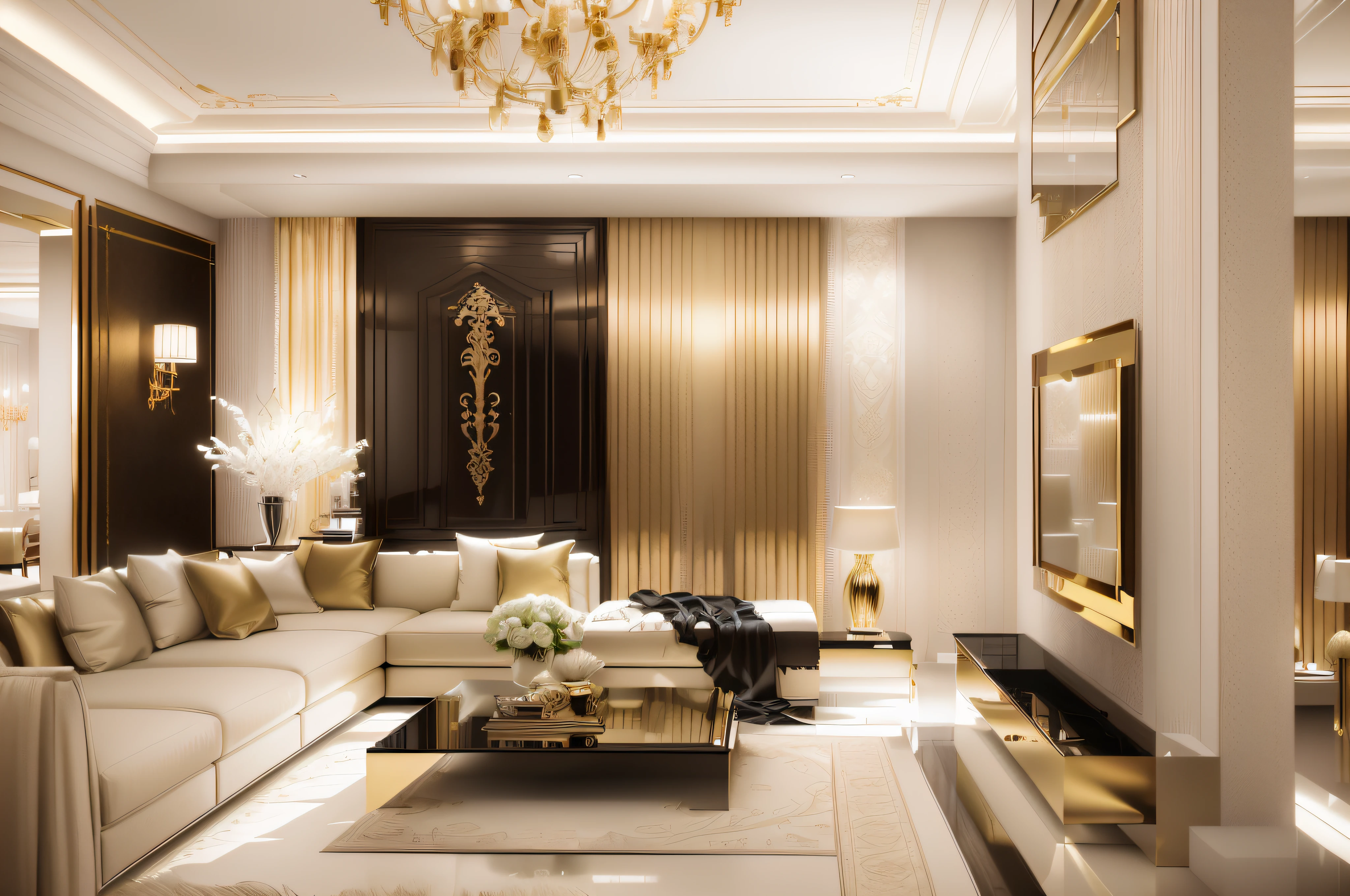 there is a living room with a couch, a coffee table, and a television, living room, elegant and refined, luxurious environment, luxury hd render, luxury condo interior, living room interior design, cinematic accent lighting, elegant and ornate, archviz, inspiration, interior design, modern look, extremely opulent, living room vibe, ornate and elegant, fancy apartment