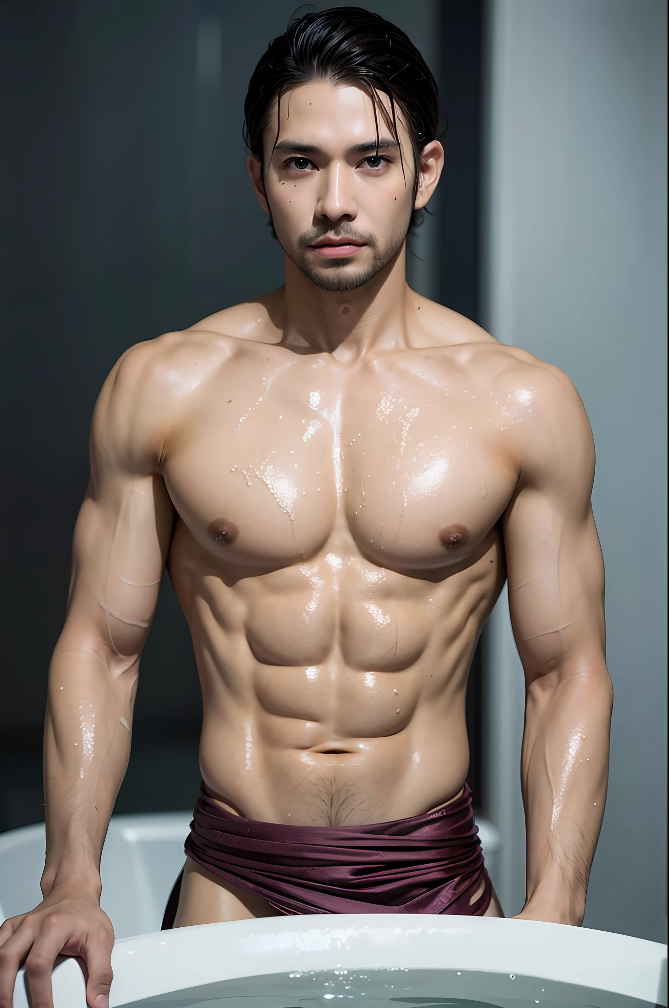 (MASTERPIECE: 1.2),(CGI ART:1.3),(REALISTIC:1.5),(POST-PROCESSING:1.3),(SHARP FOCUS:1.3),8K,1 Guy, shredded body, hairy chest, facial hair, Indonesian, malnourished, ((UPPER BODY)), ((Wet social clothing)), (shiny skin))), bathtub with water, (detail of high shadows), men's dress shirt