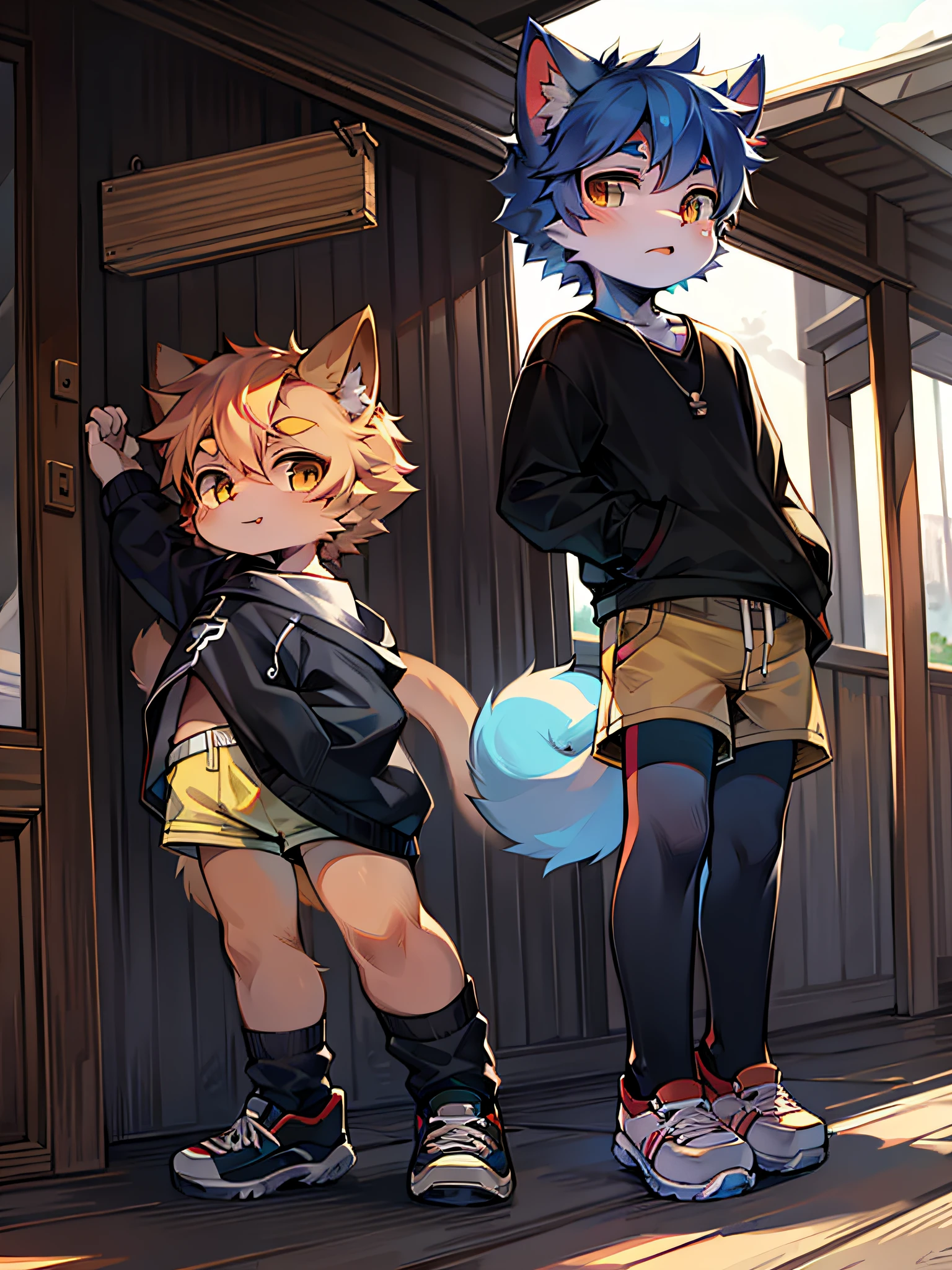 Cat type little boy, wearing shorts, cat ears, posing. Teenager, cute, cool