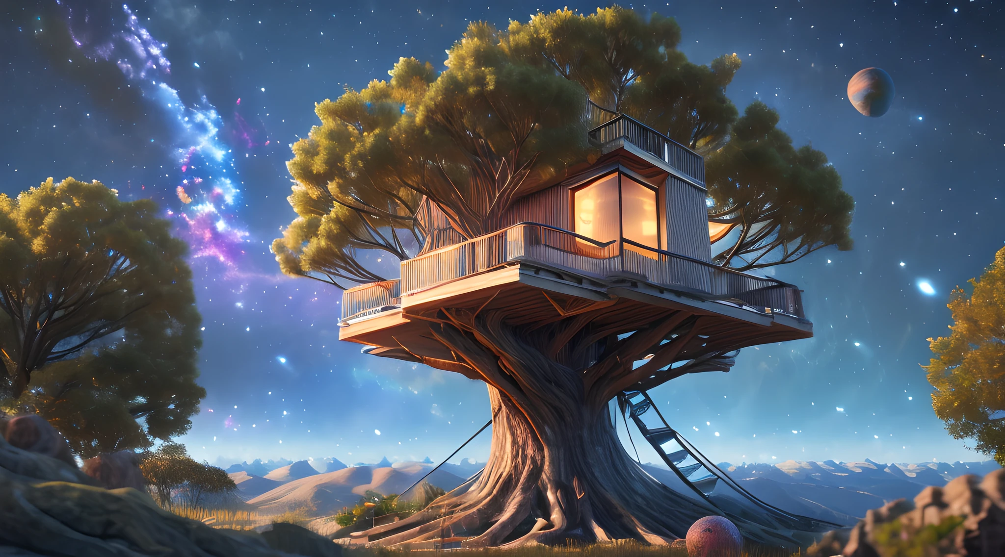 (Best quality),(masterpiece),(ultra detailed),(high detailed),(extremely detailed),rendering hyper realistic treehouse in a nebula, planets in the background, starry night sky, unreal engine, ultrarealistic, 4k, stars,